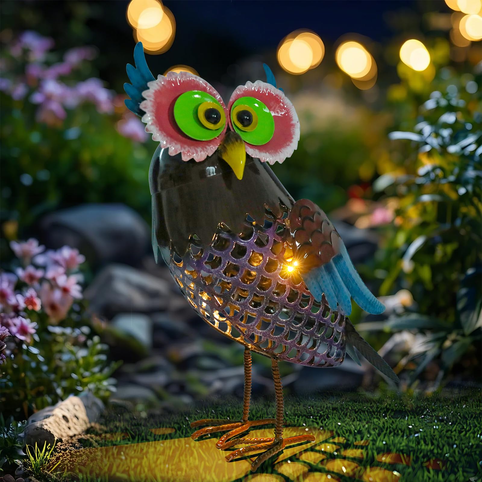 MUMTOP Solar Lanterns Outdoor Waterproof - Colorful Metal Owl Solar Lights Decorative, Hollow Out Owl Light Tabletop Lantern Lam
