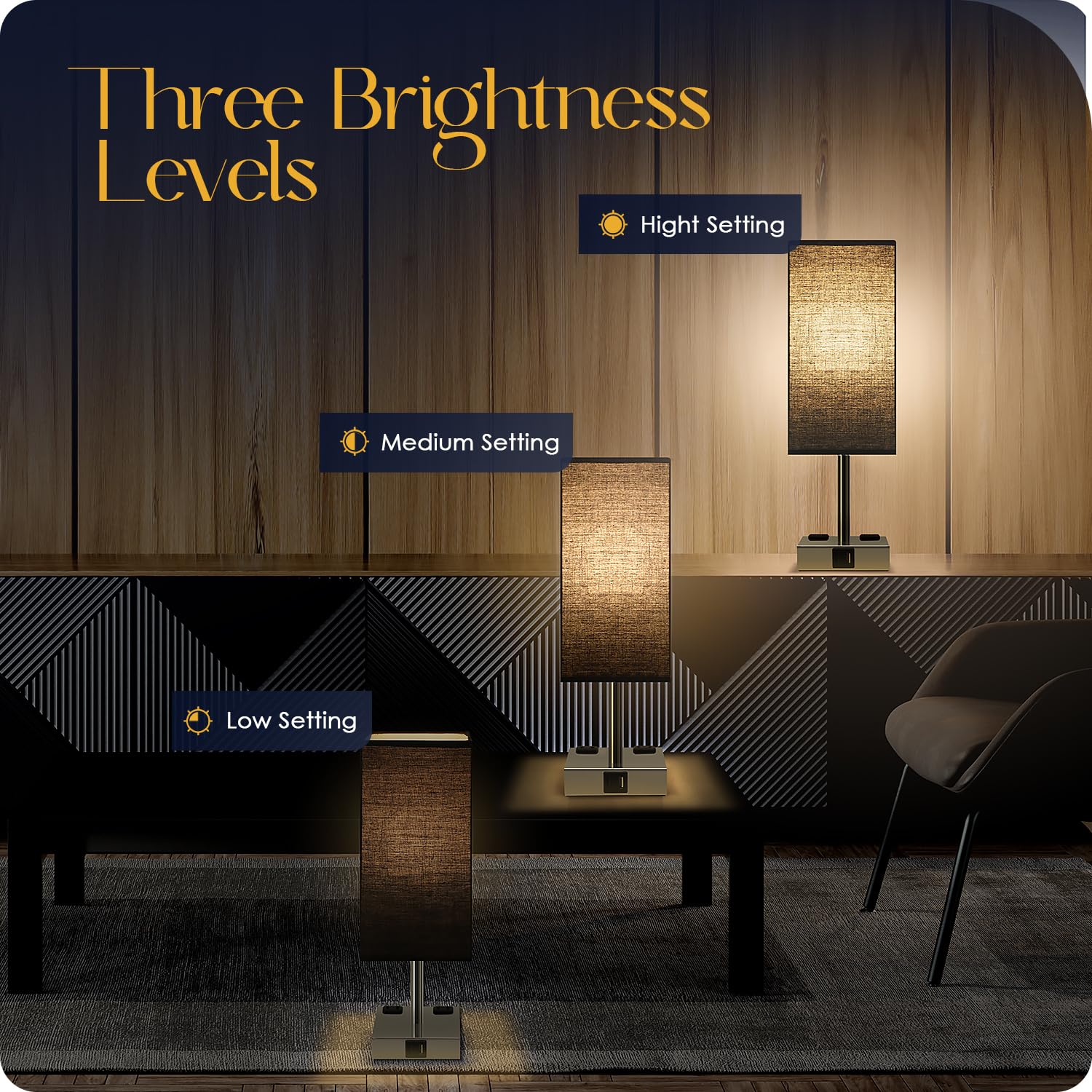 Soilsiu Bedside Table Lamp Set of 2, 3-Way Dimmable, USB C & A Ports, 3000K LED Bulbs, Black, Model TD-018