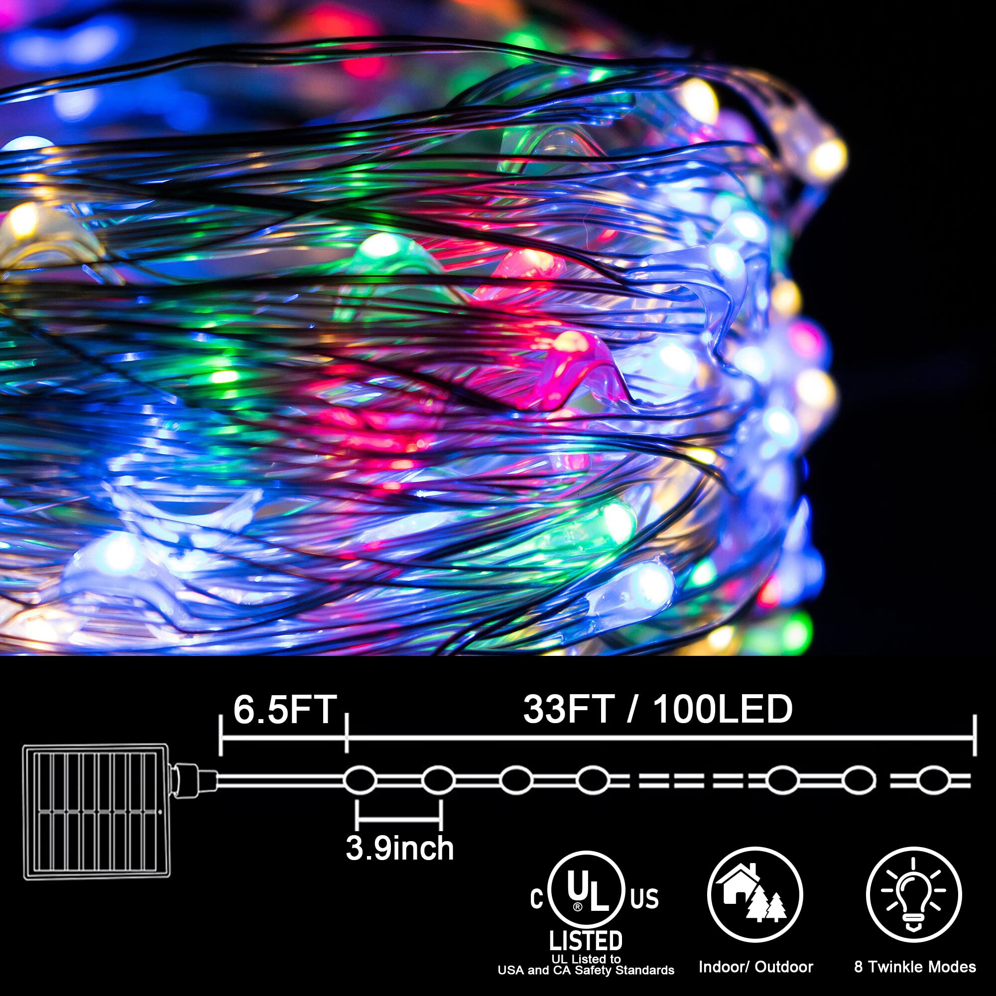 Kemooie 2 Packs Solar Christmas Lights, 100 Led 33Ft 8 Twinkle Modes Multicolor Solar Powered Fairy Lights, Waterproof For Outdoor, Tree, Garden, Christmas Decorations(Multi Color)