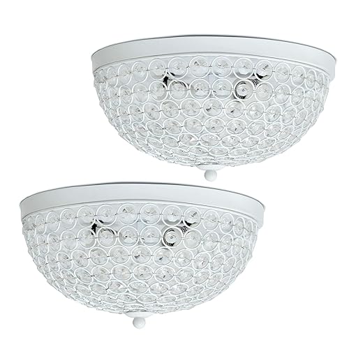 Elegant Designs Fm1000-Wht-2Pk Elipse Crystal 13 Inch Modern Metal 2 Light Bowl Shaped Ceiling Flush Mount Fixture 2 Pack, White