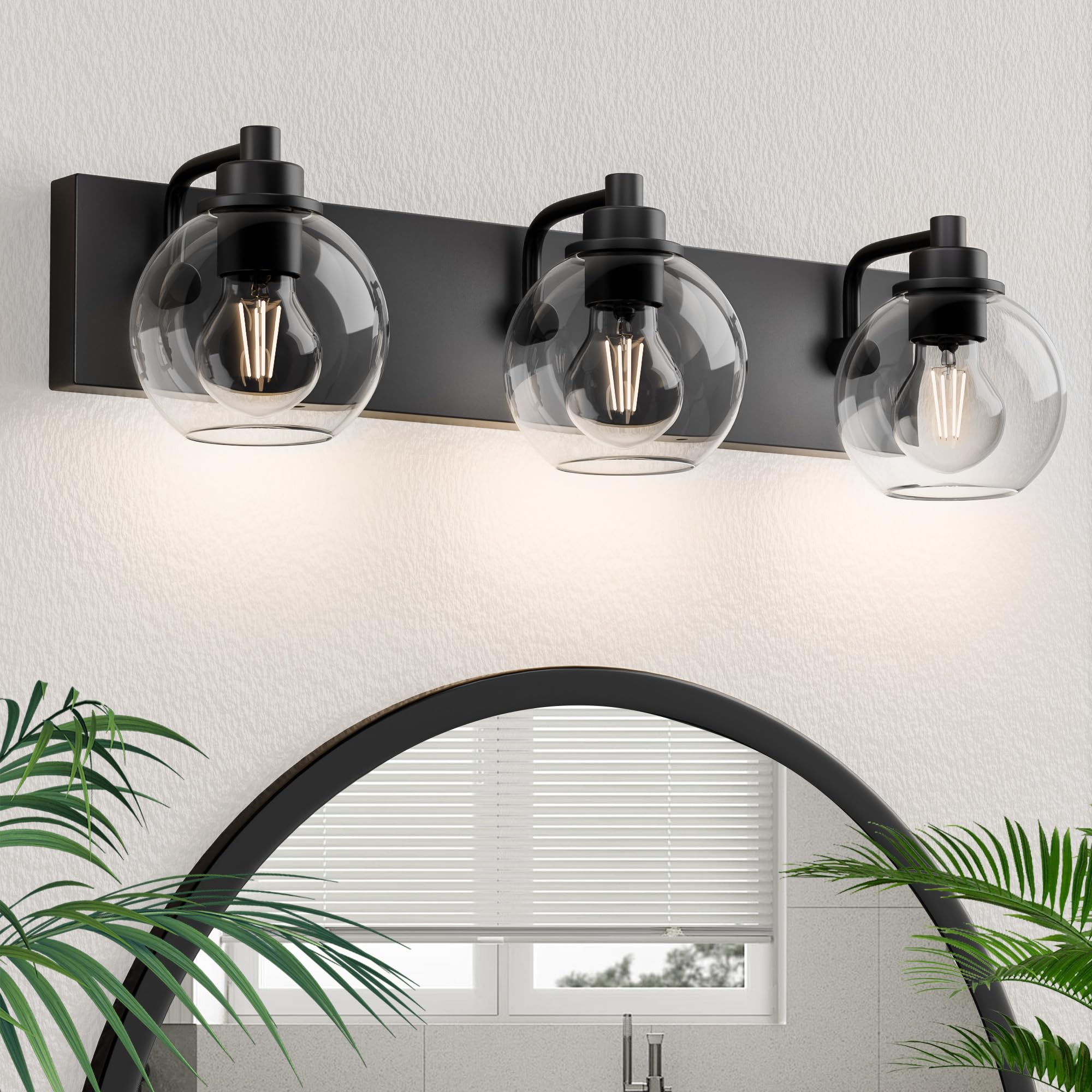 Espird Bathroom Light Fixtures, 3-Light Matte Black Vanity Lights, Modern Metal Over Mirror Lighting with Clear Glass Shade, Model L39-3-BK