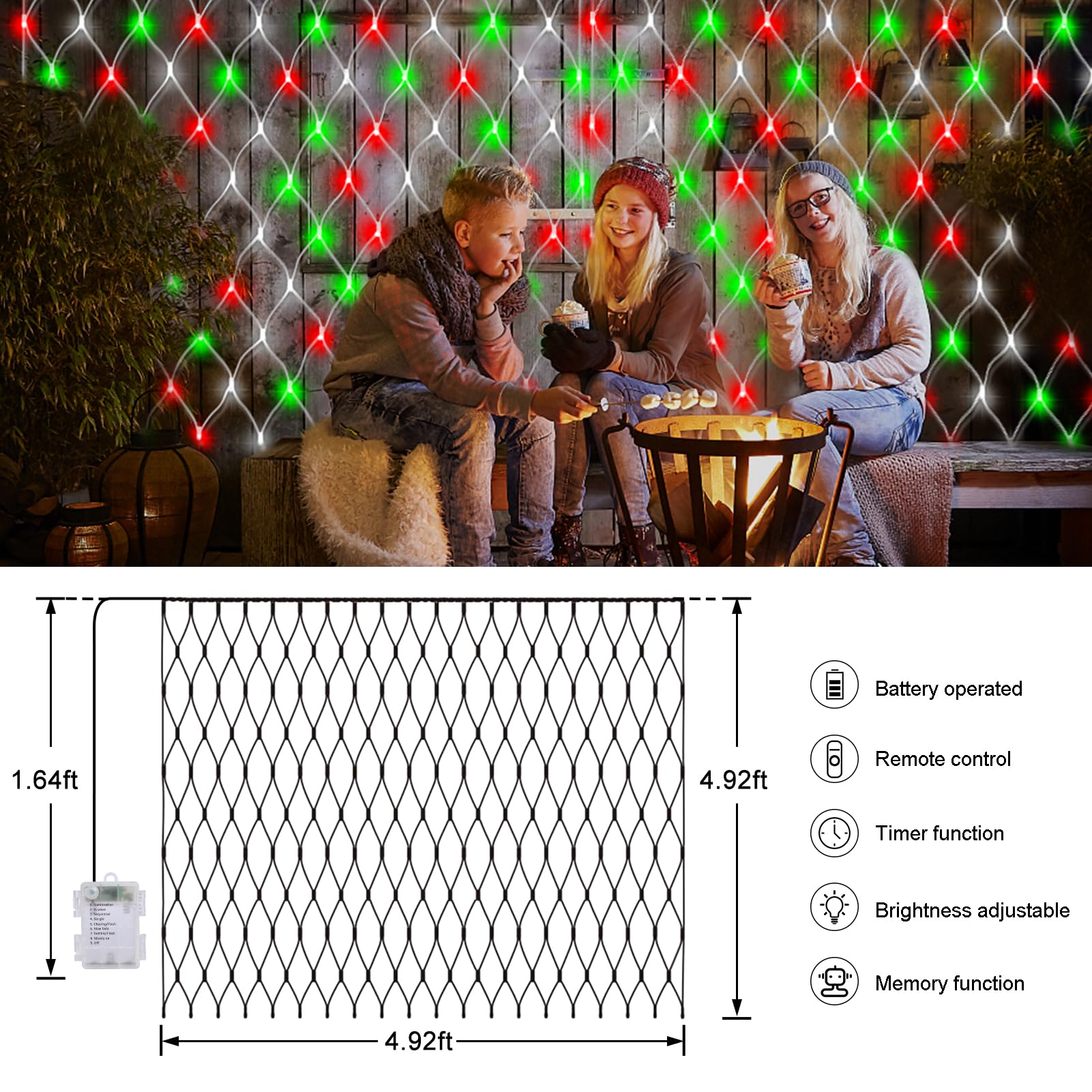 echosari Battery Operated Net Lights, 100 LED, 4.9ft x 4.9ft, Red White & Green, 8 Modes, Remote Timer, Dimmable,