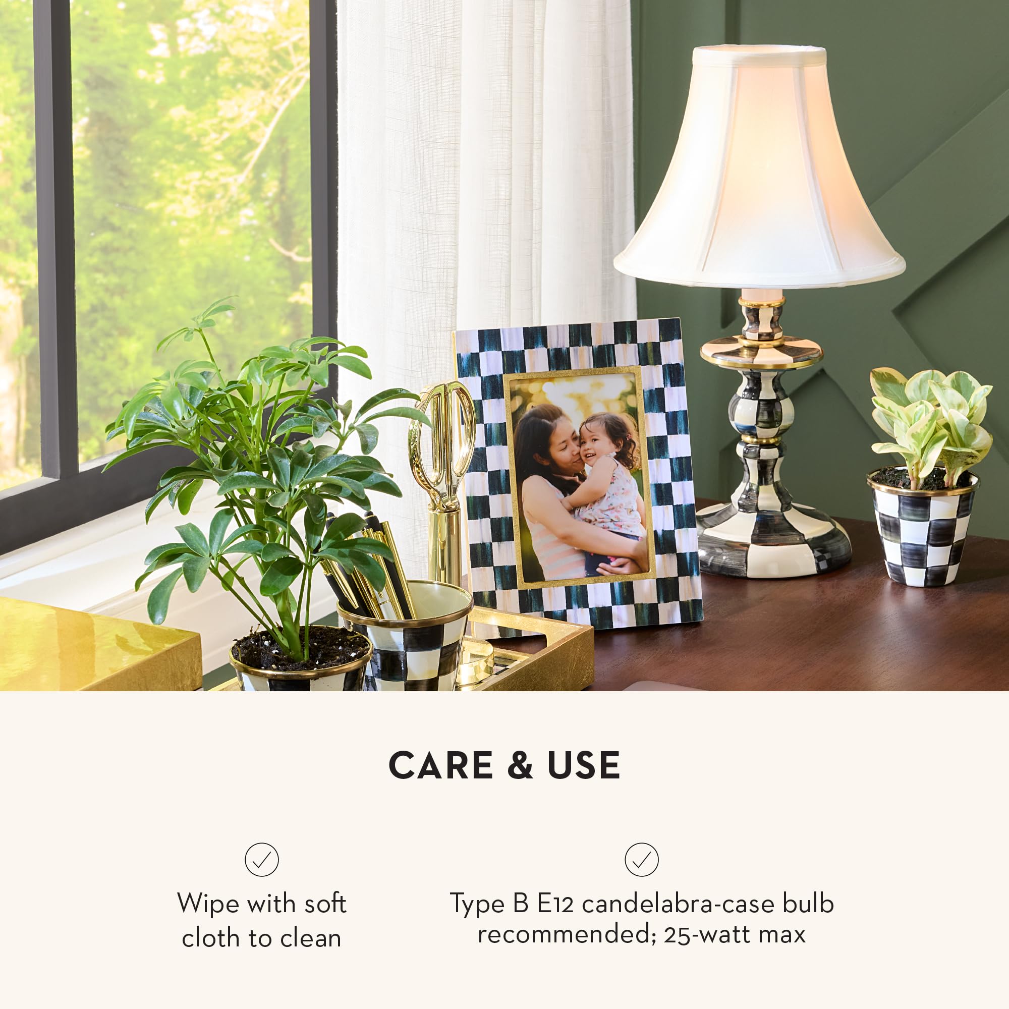 Mackenzie-Childs Candlestick Lamp, Decorative Lamp For Living Room Or Bedroom, Black-And-White Courtly Check