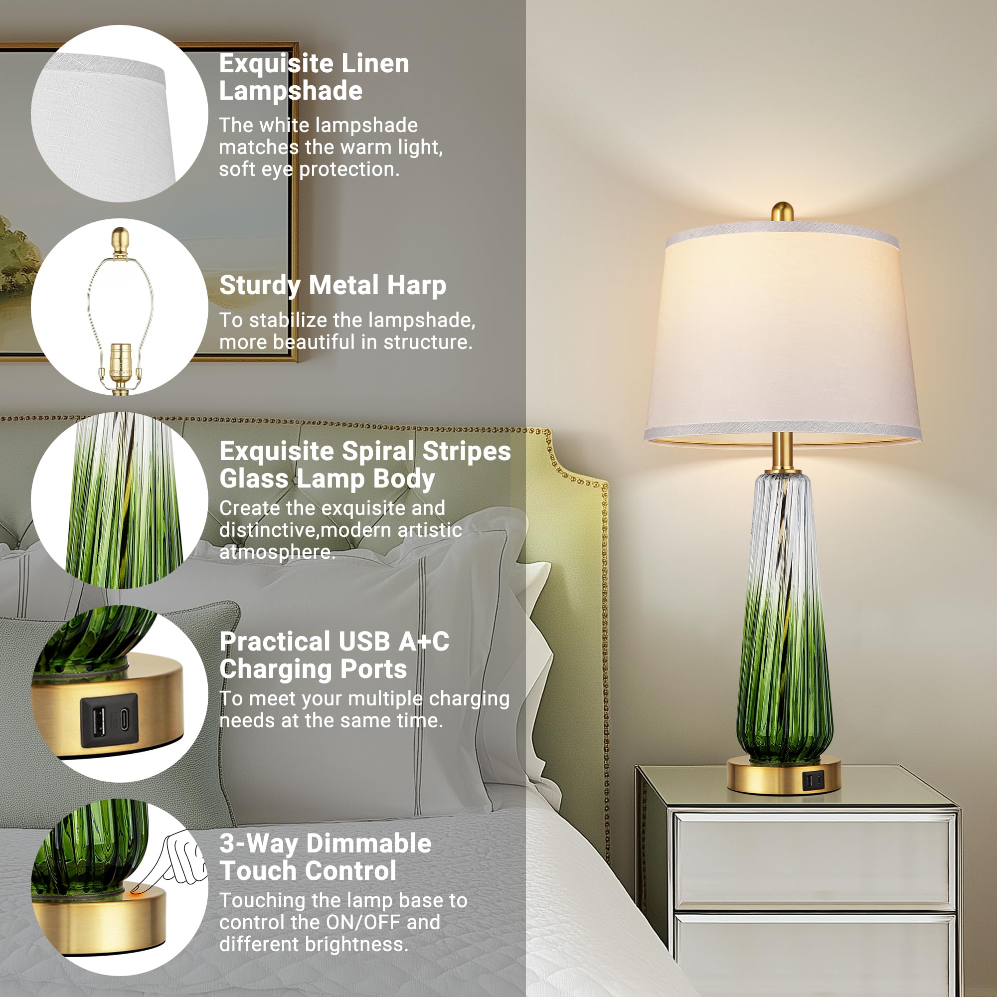 QiMH Glass Table Lamps Set of 2, 27.5" Modern Touch Control with USB Ports, Green Linen Shade, Ideal for Bedrooms and Living Room Decor