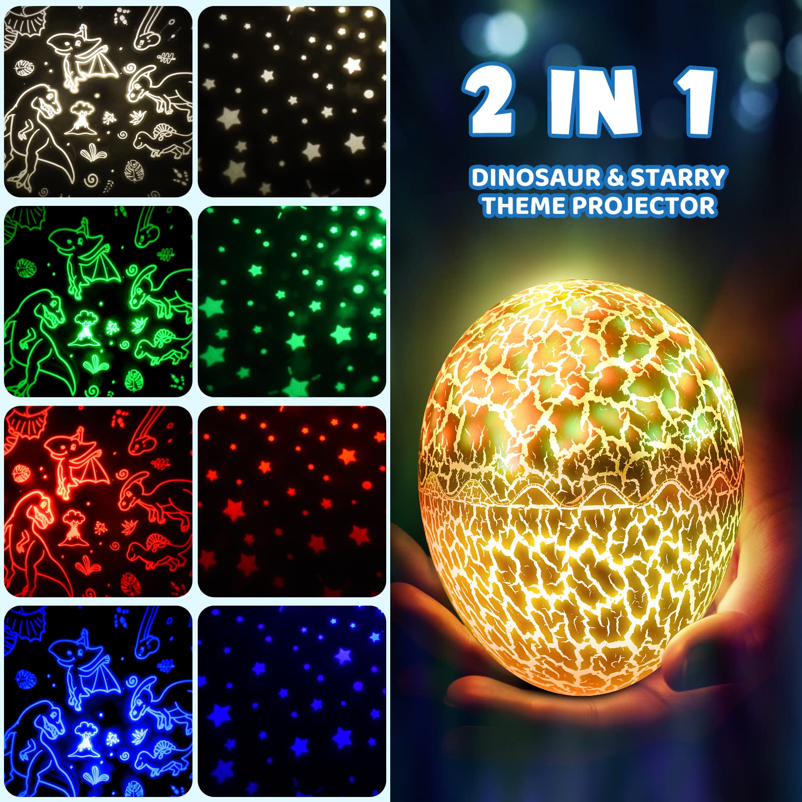 Dinosaur Egg Night Light Toys 2-In-1 Dino & Star Projector For Kids 3-5 6 7 8 9 10 Year Old Boy Girls Nights Lights Lamp Boys Easter Birthday Gifts For Kid Age 3-12