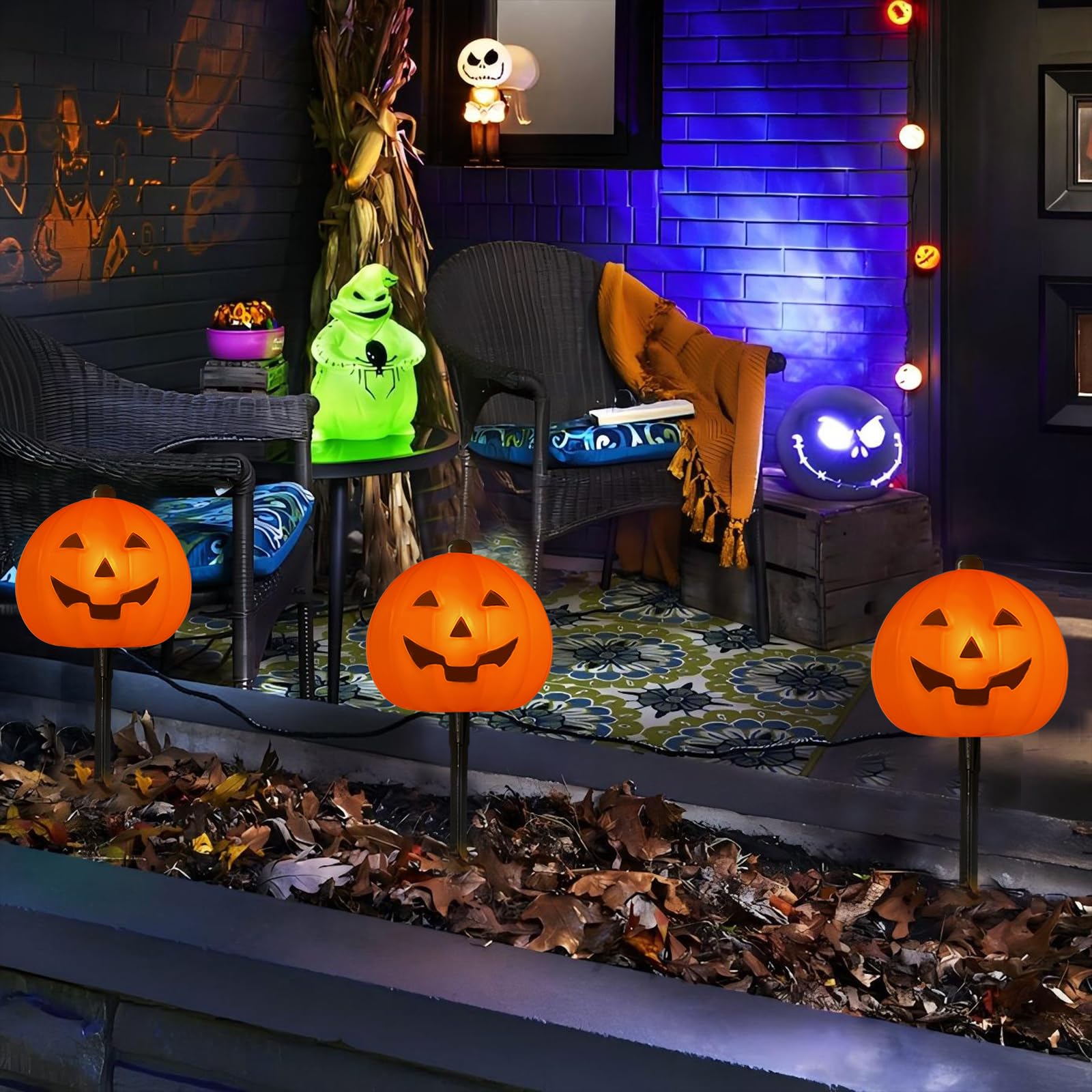 Egcol 4 Pack Halloween Pumpkin Pathway Lights - 7Ft Outdoor Decorative String Lights With 4 Jack-O-Lantern Stake Lights For Hall