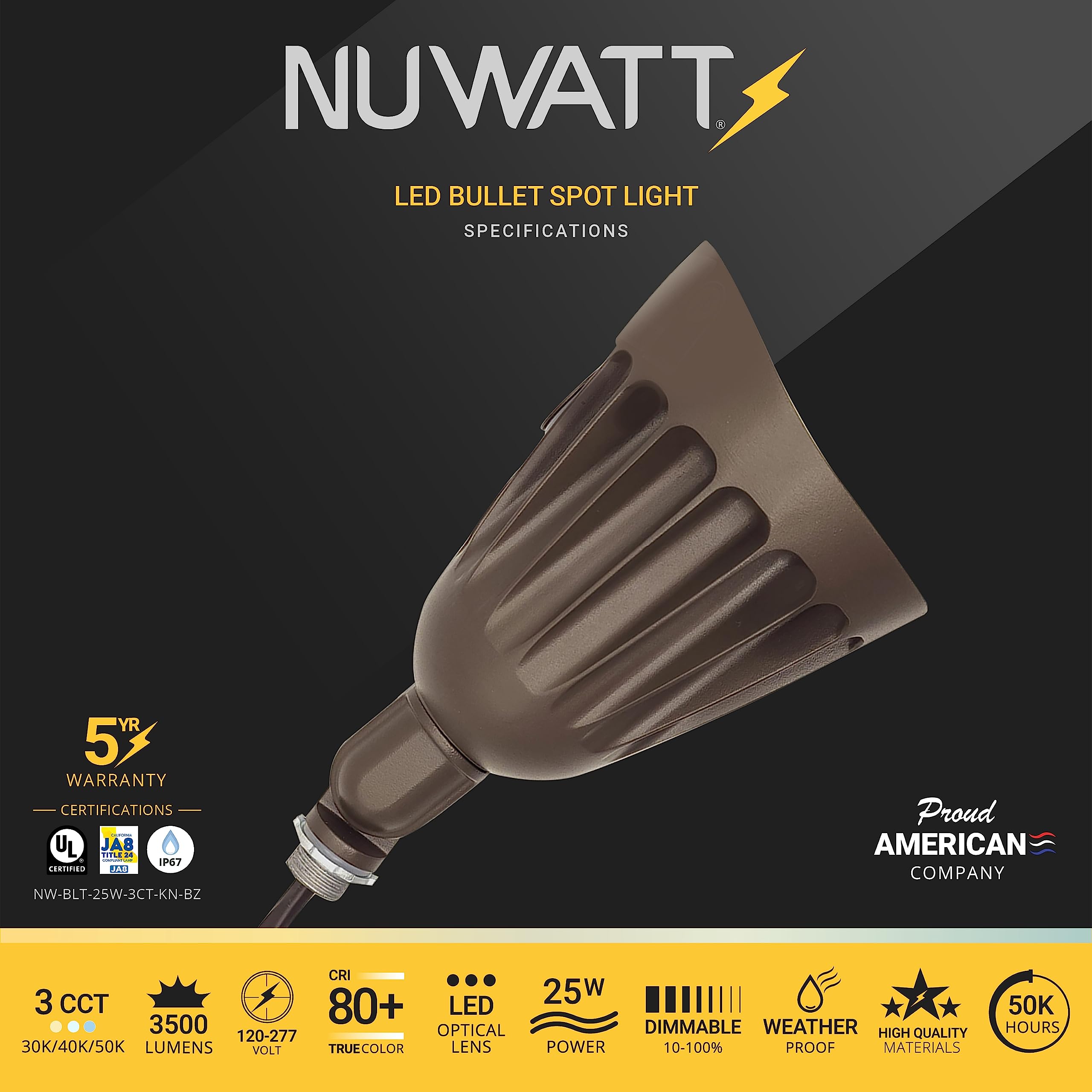 Nuwatt 25W Led Bullet Spotlight Flood Light With 3Cct Switch & Knuckle Mount 120-277V Commercial Outdoor Weatherproof Landscape