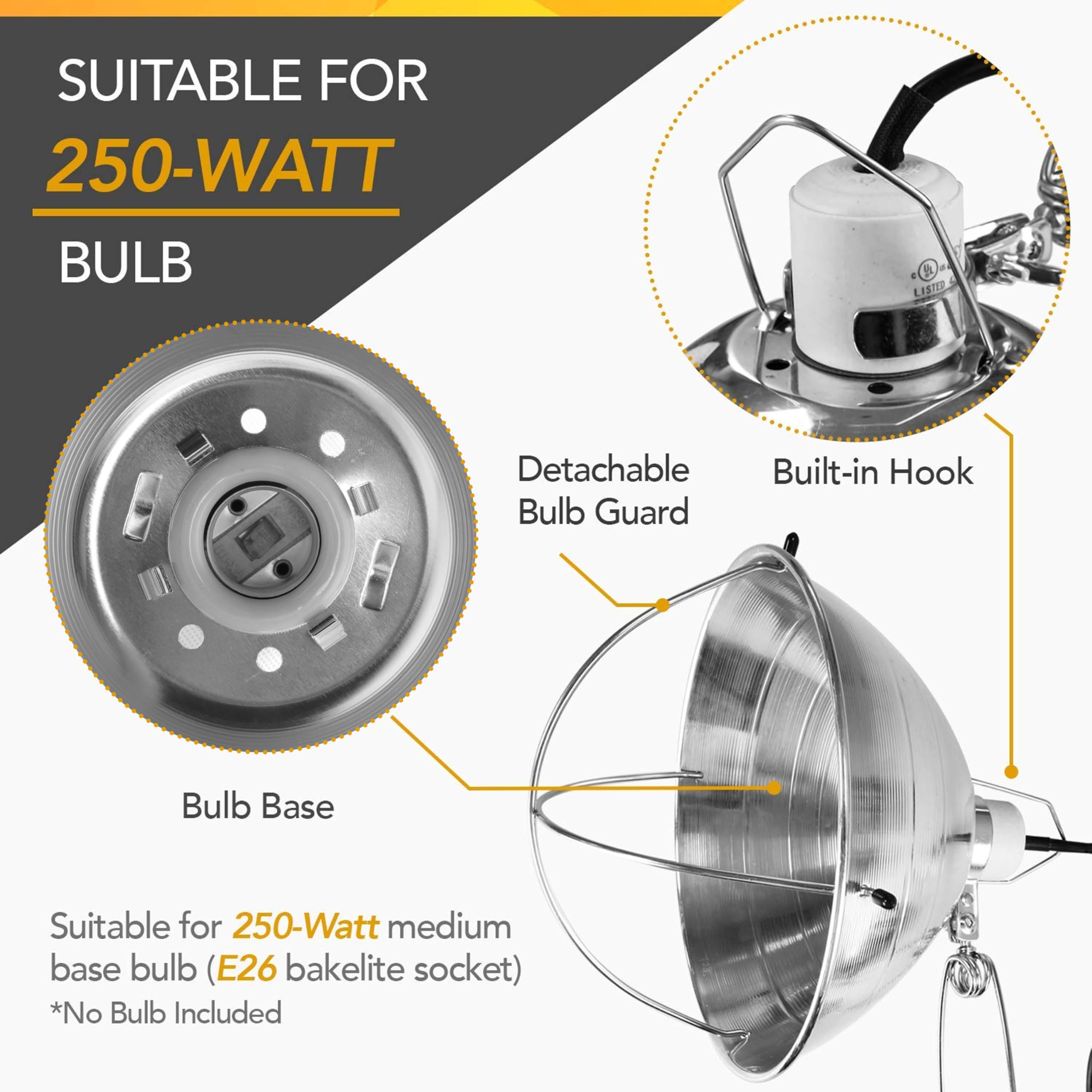 Simple Deluxe Clamp Lamp Light Socket With 10.5 Inch Aluminum Reflector And Bulb Guard, Suit For Max 250 Watt Lamp (No Bulb Incl