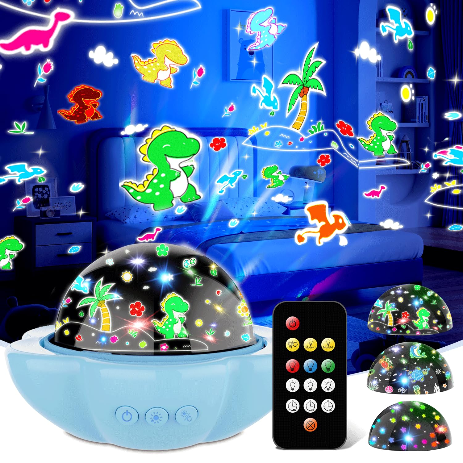 Dinosaur Toys for 3-10 Year old Boys,7-in-1 Kids Night Light Projector with 3 Films 93 Effects, Remote, Timer, 360?Rotation, Bir