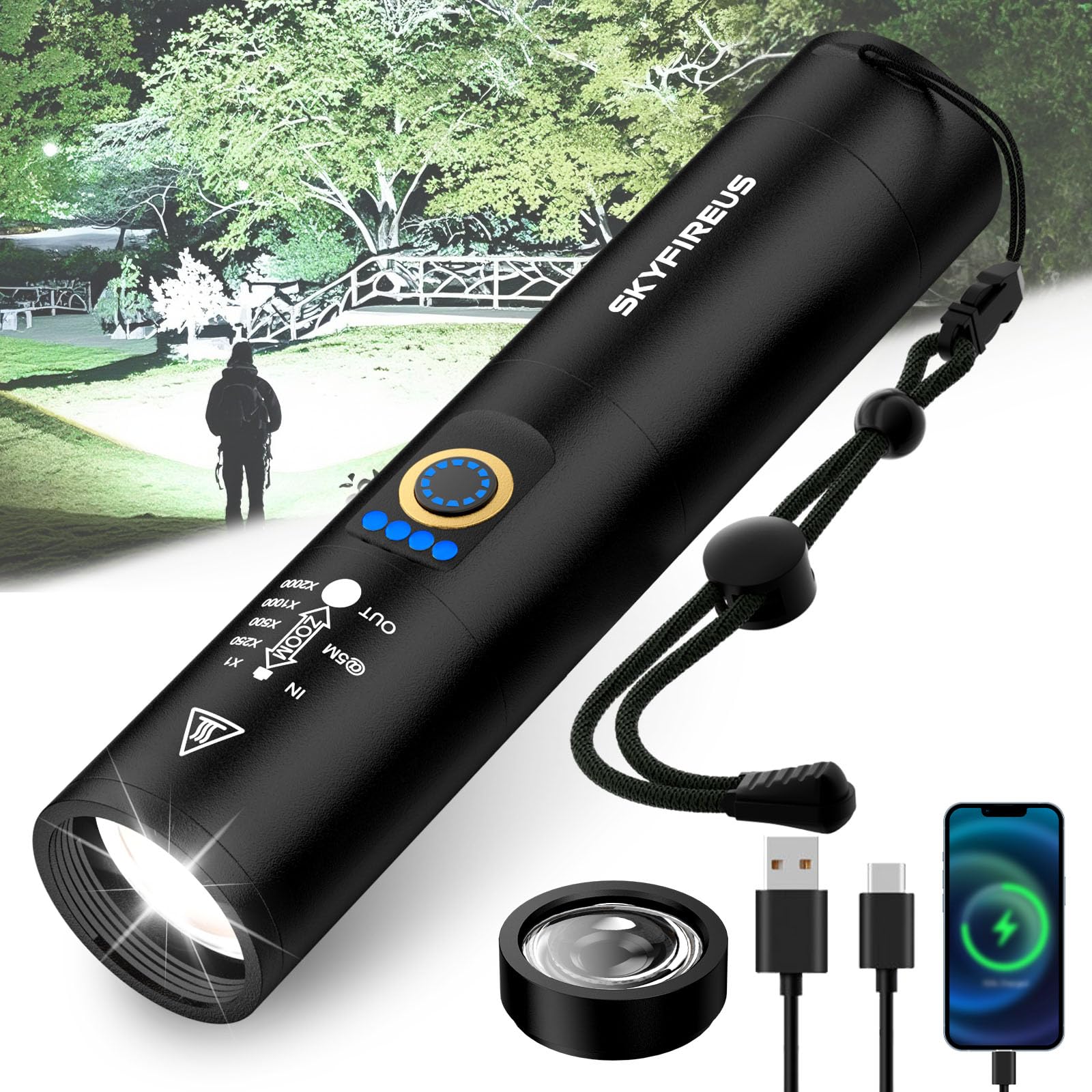 SKYFIRE Rechargeable Flashlight 9000 Lumens, 5 Modes, Aluminum, Black, Model 1353