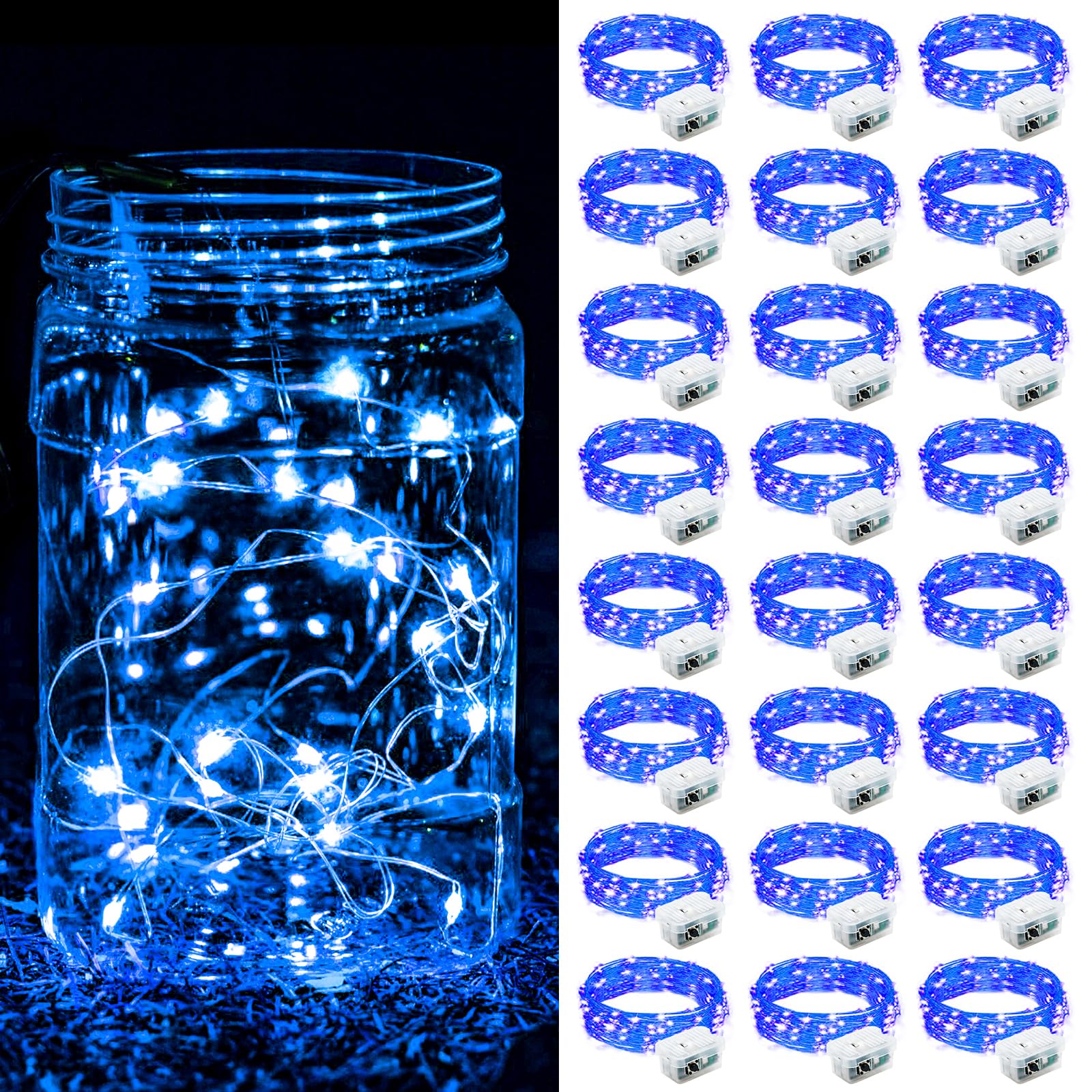 ZGWJ 24 Pack Fairy Lights Battery Operated  7FT 20LED Mini Fairy String Lights Silver Wire 3 Modes for DIY  Parties  Wedding  Bedroom  Halloween Christmas Decoration- Blue