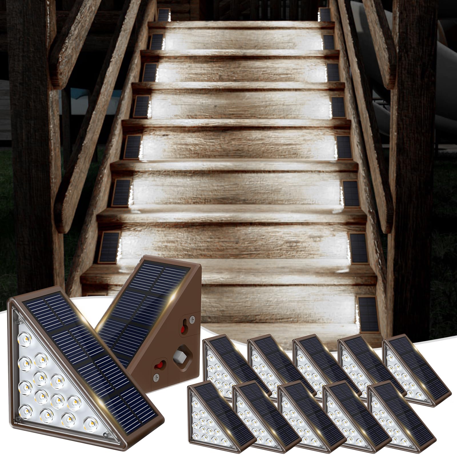 JOFIOS Solar Step Lights - Waterproof IP67, 12 Pack, Cool Brown, Deck & Staircase Lighting, Model 61174
