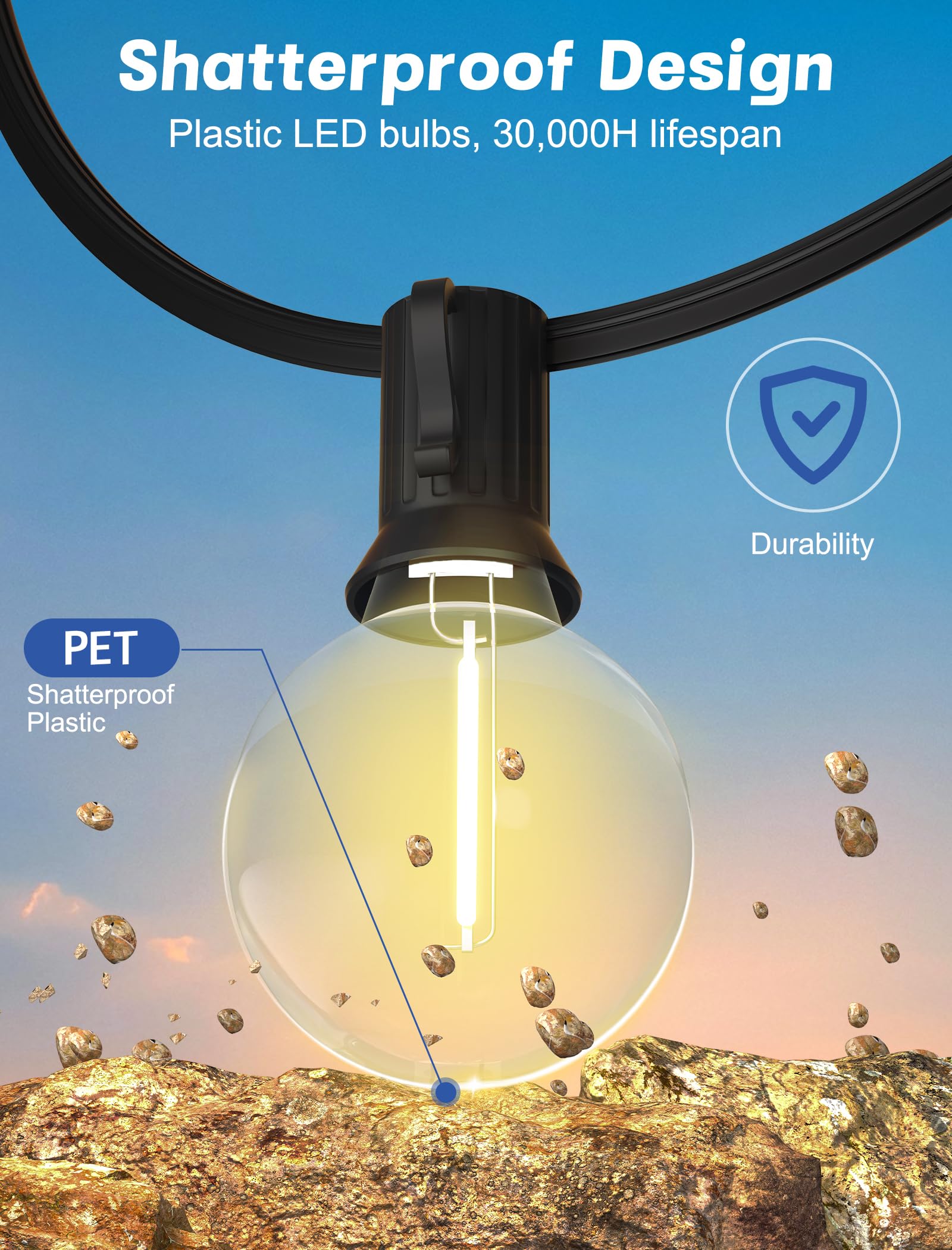 Sunsgne Outdoor String Lights, 50Ft Outdoor Globe Light With 52 G40 Shatterproof Led Bulbs(2 Spare), String Lights For Outside P