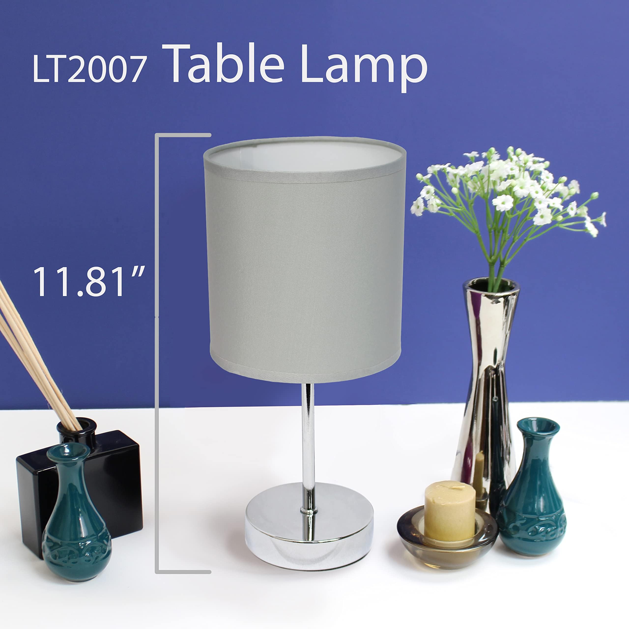 Simple Designs Lt2007-Slt Chrome Mini Table Lamp, Slate Gray Fabric Shade, No Bulb, Metal Construction