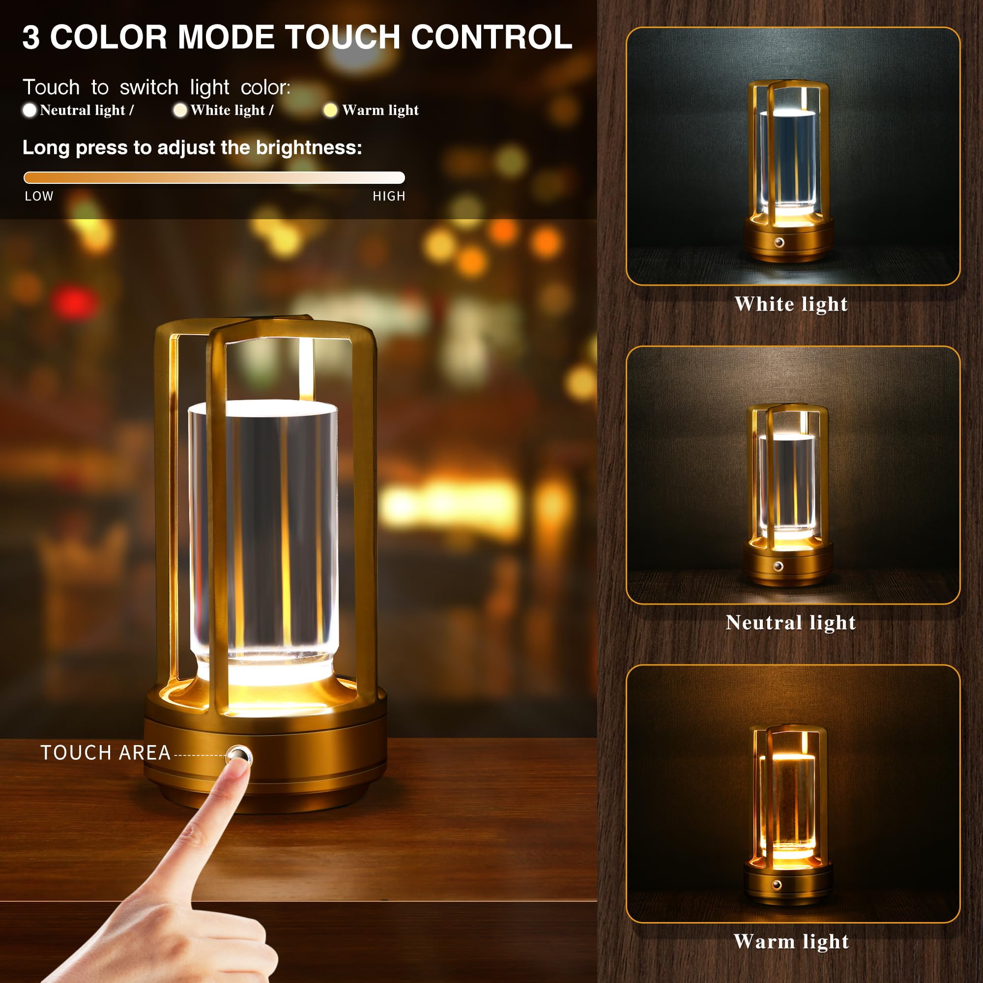 Anxingtools Portable Metal Table Lamp, Cordless, Battery Operated, 3 Light Colors, Gold, 3.54"D x 3.54"W x 6.89"H, Model