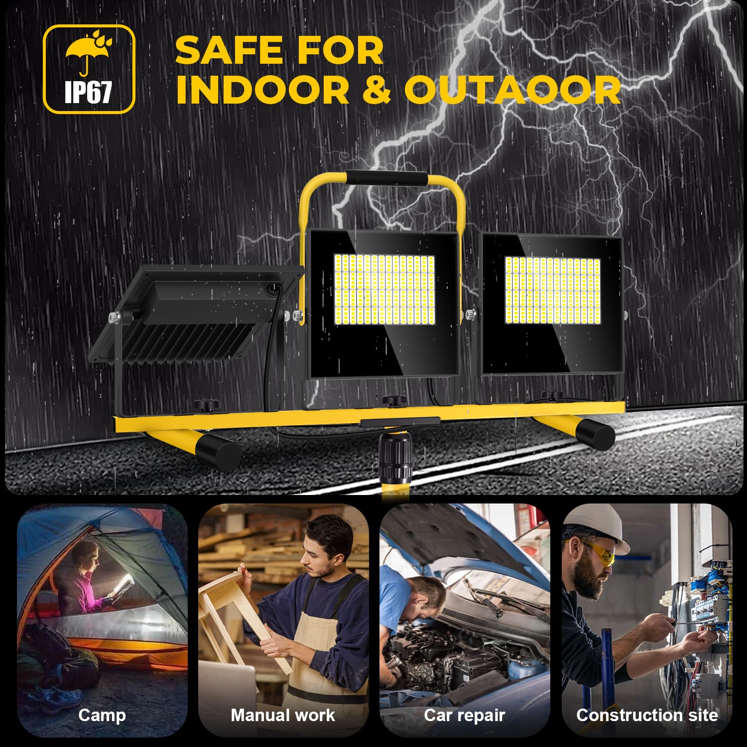 RIUVAO 54000 Lumen LED Work Lights with Stand, IP67 Waterproof, Adjustable Heads, 16FT Cord, Yellow, Model TWD300