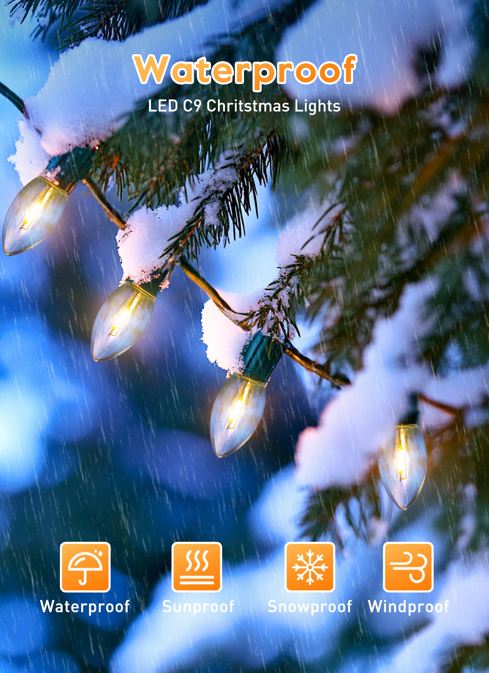 Vintage C9 Led Christmas Lights Outdoor, 200 Feet C9 String Lights With 100 Shatterproof C9 Bulbs, Waterproof Connectable Christ