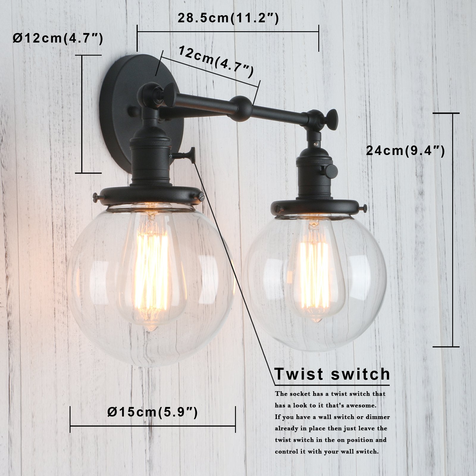 Permo Double Sconce Vintage Industrial Antique 2 Lights Wall Sconces With Dual 5.9 Round Clear Glass Globe Shade (Black)