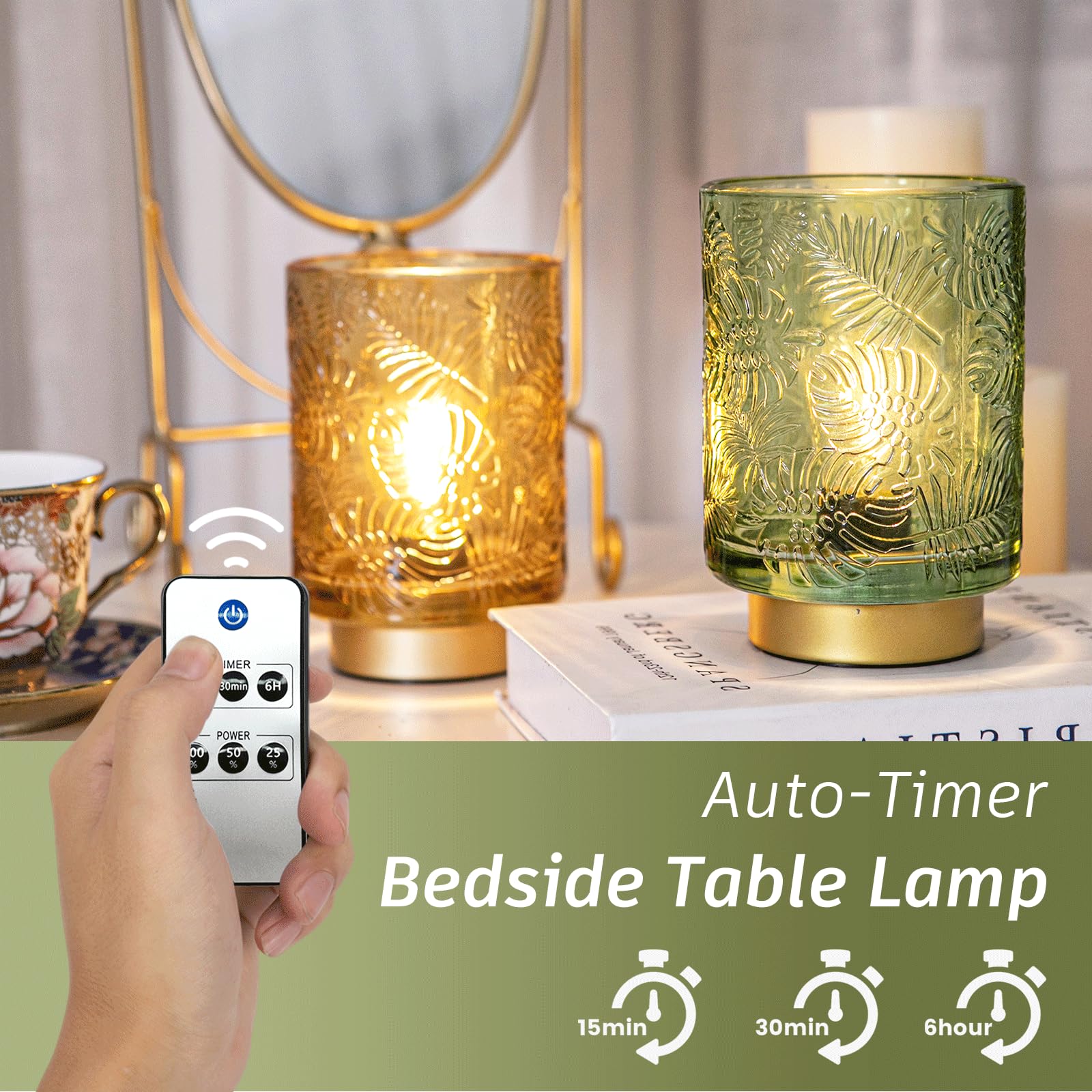 Ularoom Battery Operated Small Cordless Table Lamps With Remote Control,Glass Dimmable Brightness Wireless Lamp With Timer,Batte