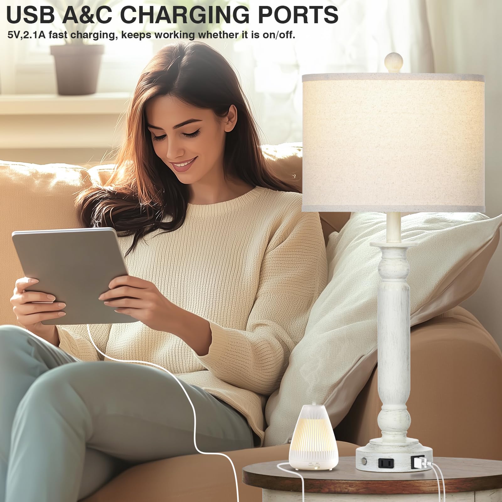 Rinweey 28.5'' Farmhouse Table Lamps For Living Room Set Of 2, 3-Way Dimmable Touch Lamps, Table Lamp With Usb C+A Ports, Bedsid