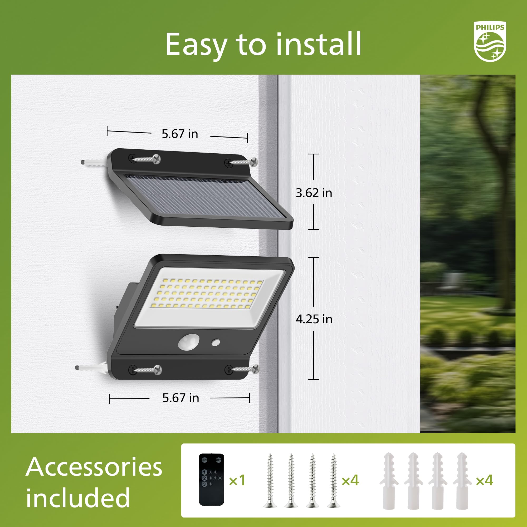Philips Solar Security Light Outdoor Led Light 6500K, Solar-Powered Flood Light W/Pir Motion Sensor, Remote Control W/16Ft Cable