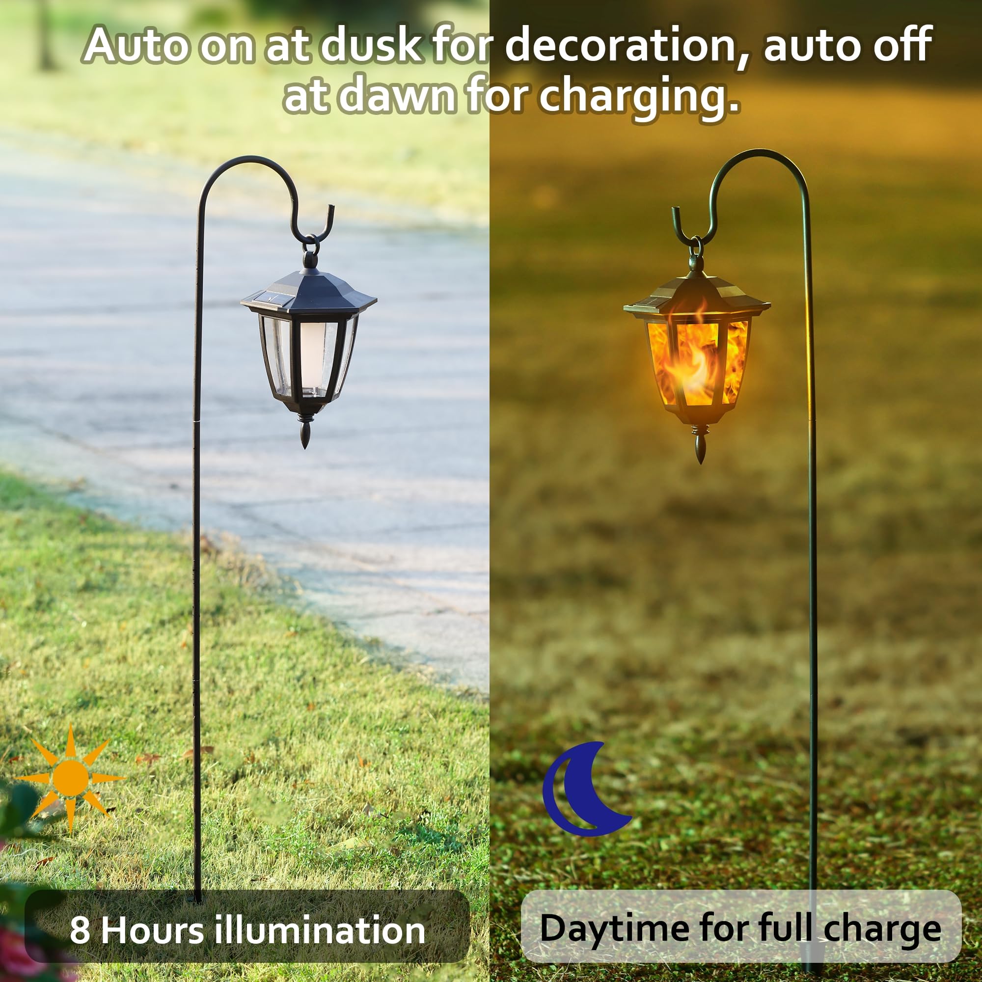 Dynaming 6 Pack Solar Flame Hanging Lights Outdoor, Solar Flickering Flame Led Garden Lanterns With 6 X 38 Inch Shepherd Hooks,