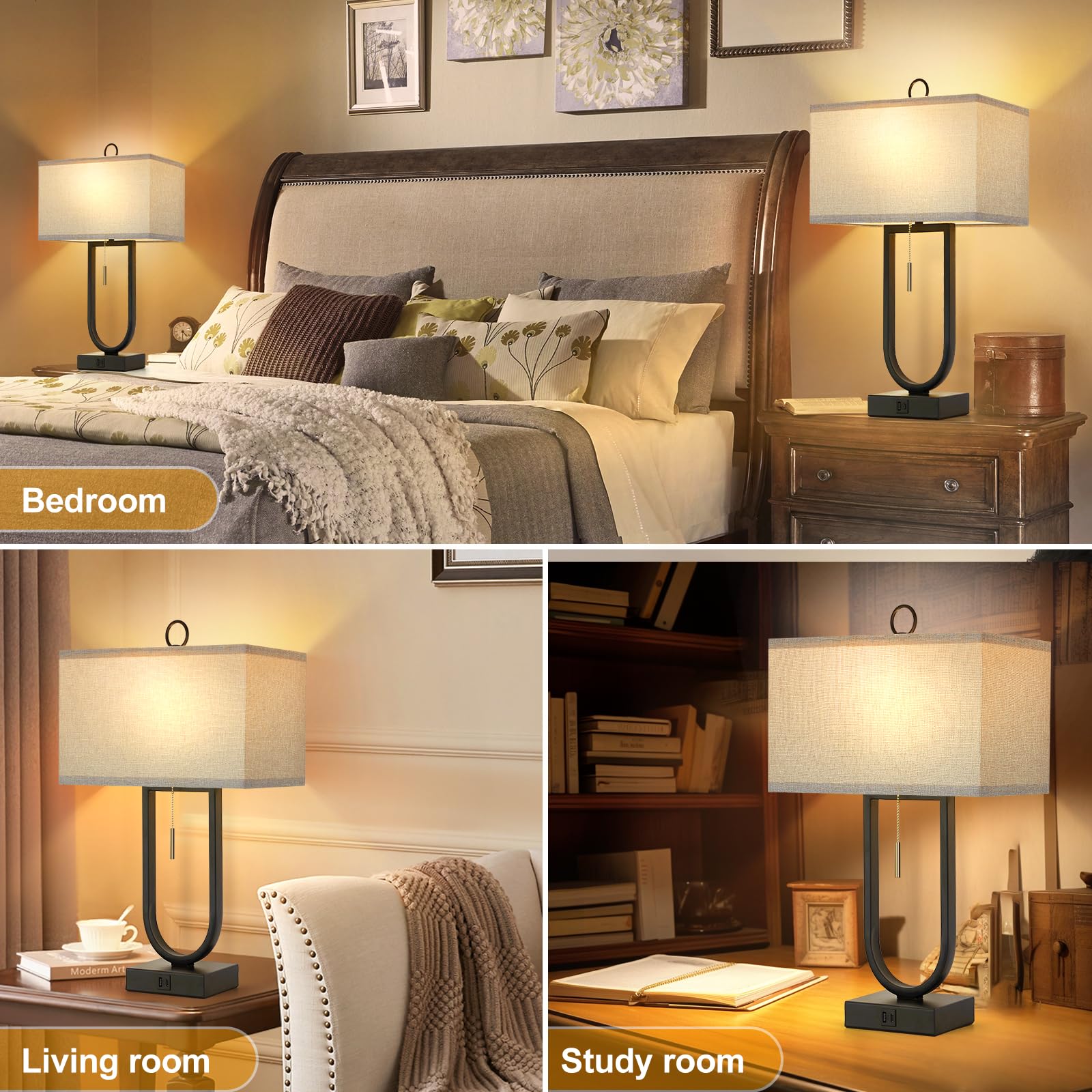 Luvkczc Nightstand Lamps Set of 2, 24in  Tall, Metal, Grey Linen Shade, USB C+A Ports, Model 107