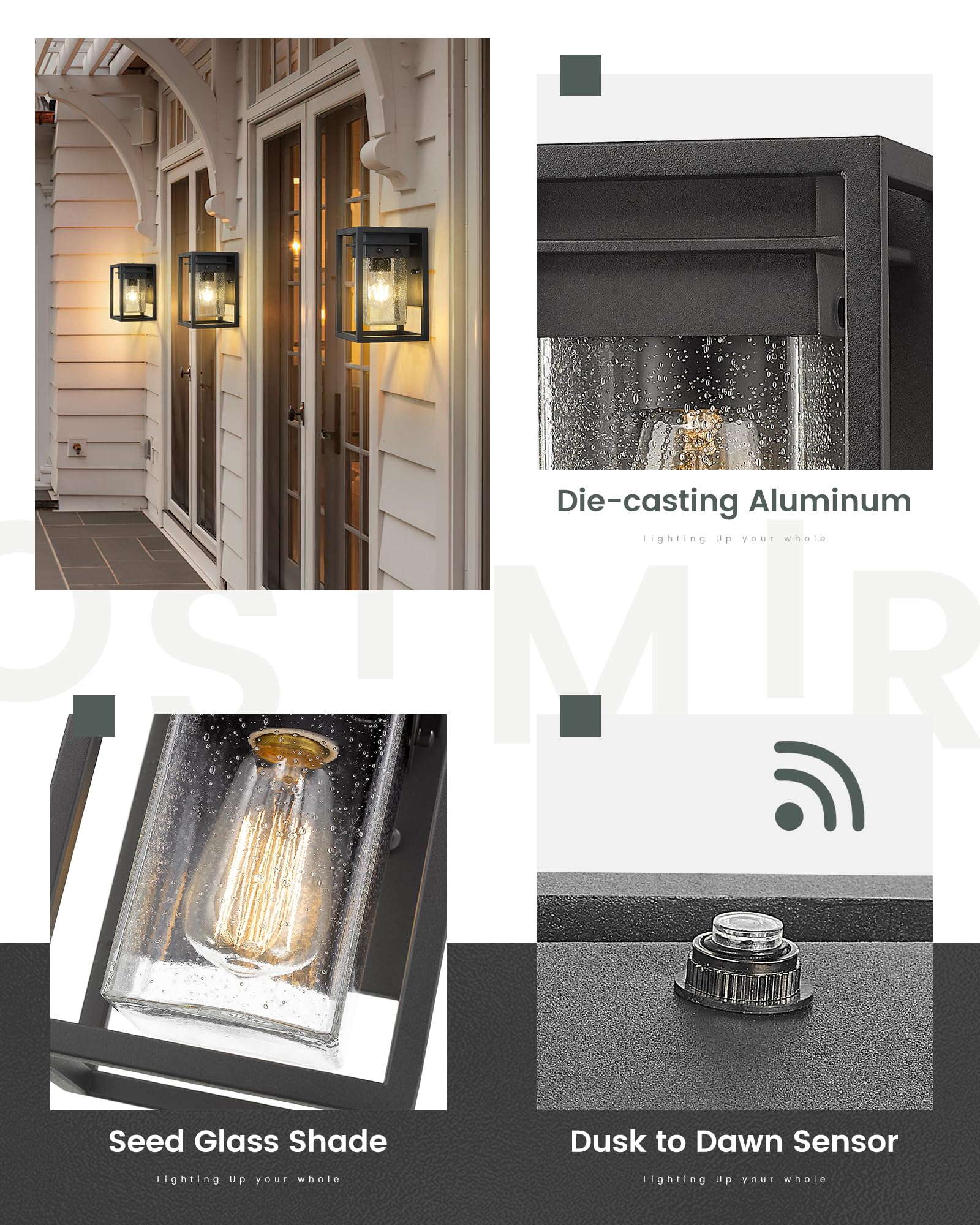Osimir Porch Lights Outdoor, Dusk to Dawn, Aluminum, Black Finish, Model OS-3006, Seed Glass Design