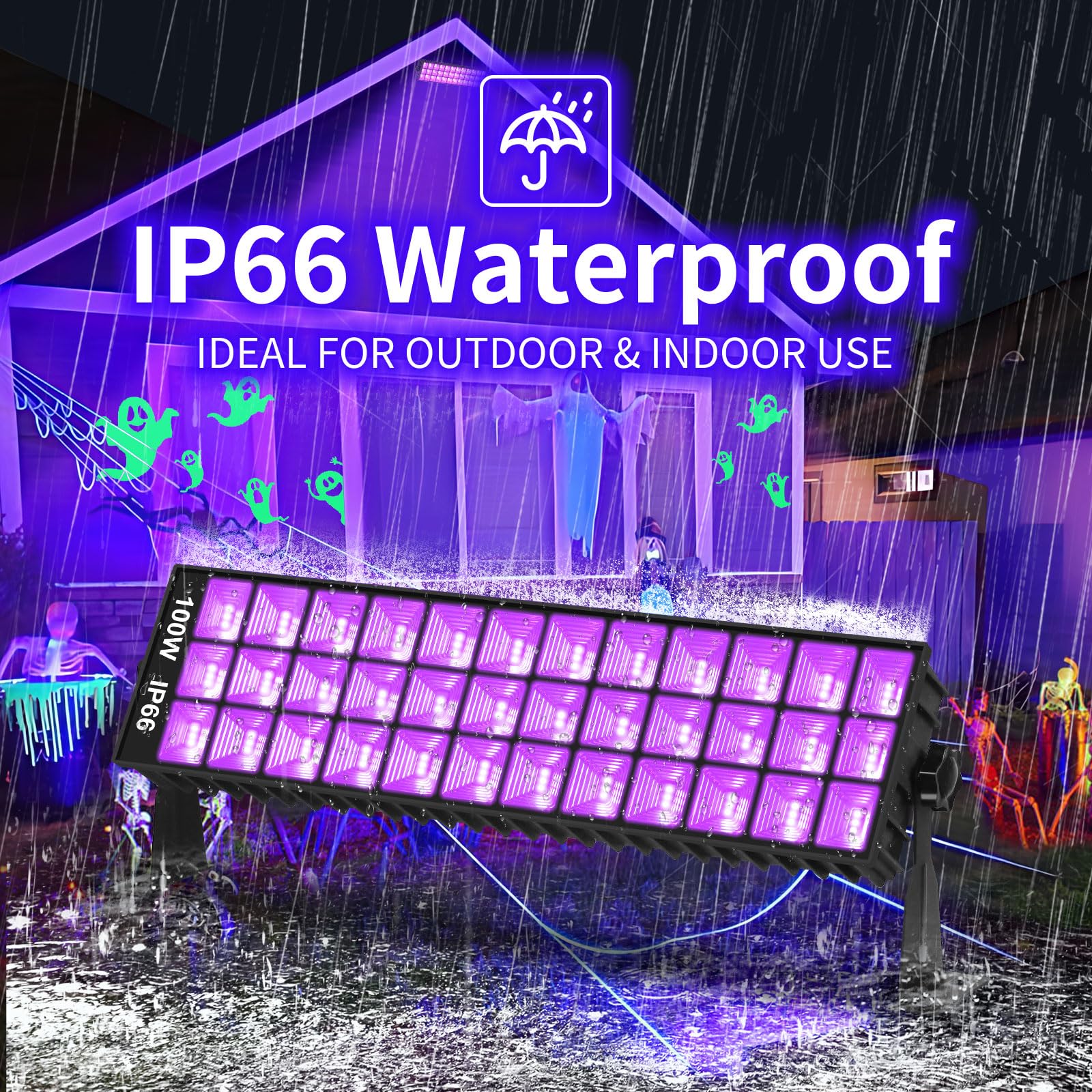 ISUERFY 100W Black Light Bar IP66 Waterproof LED, 1 Count, Purple, Model SUER-FL100W-1Pack, Indoor/Outdoor Use, 6ft Cord