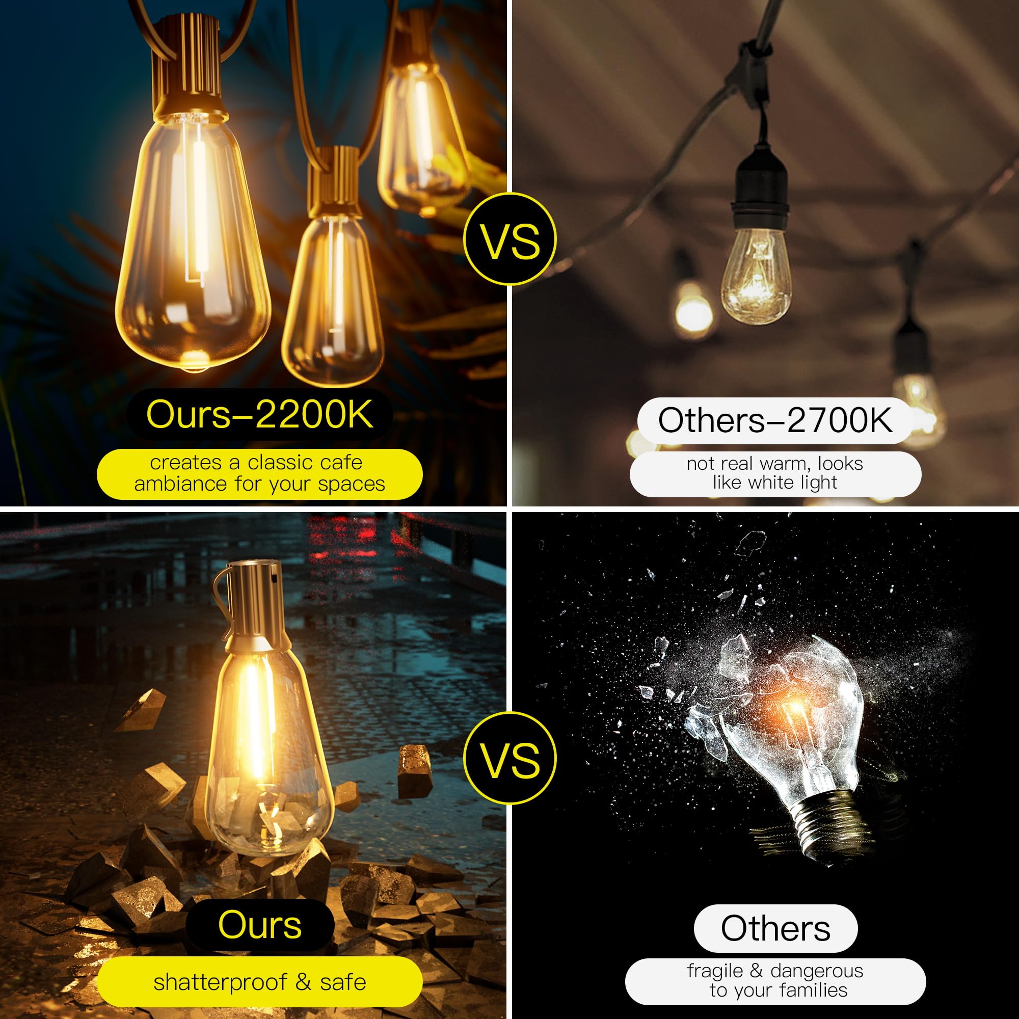 OHLUX Exterior Hanging Lights, 180FT Connectable with 94 Shatterproof ST38 LED Bulbs, Waterproof for Patio, Deck, and Pool