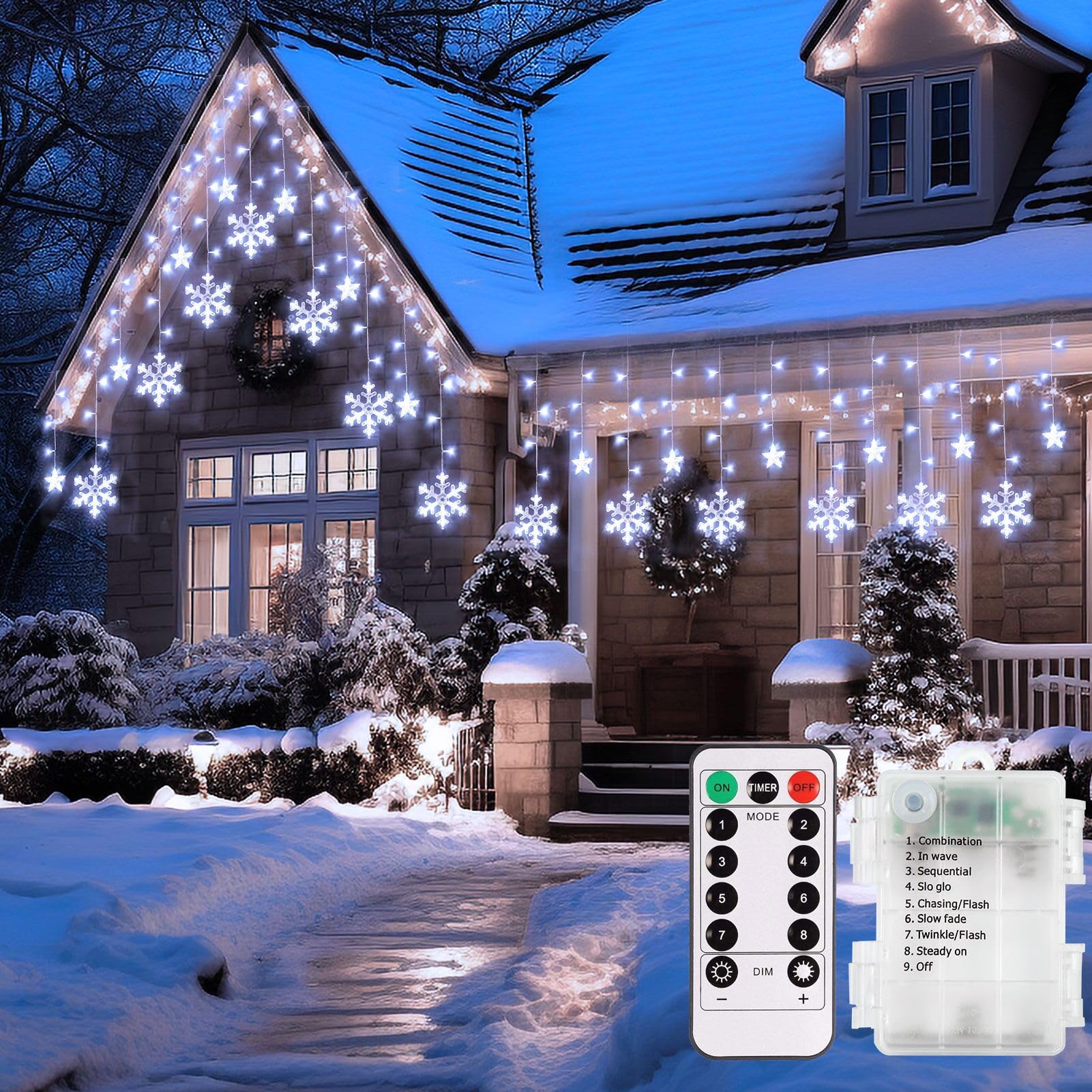 Echosari Christmas Snowflake Lights Battery Powered, 9.8Ft 144Led Hanging Snowflake Icicle Lights With Remote Timer, Waterproof