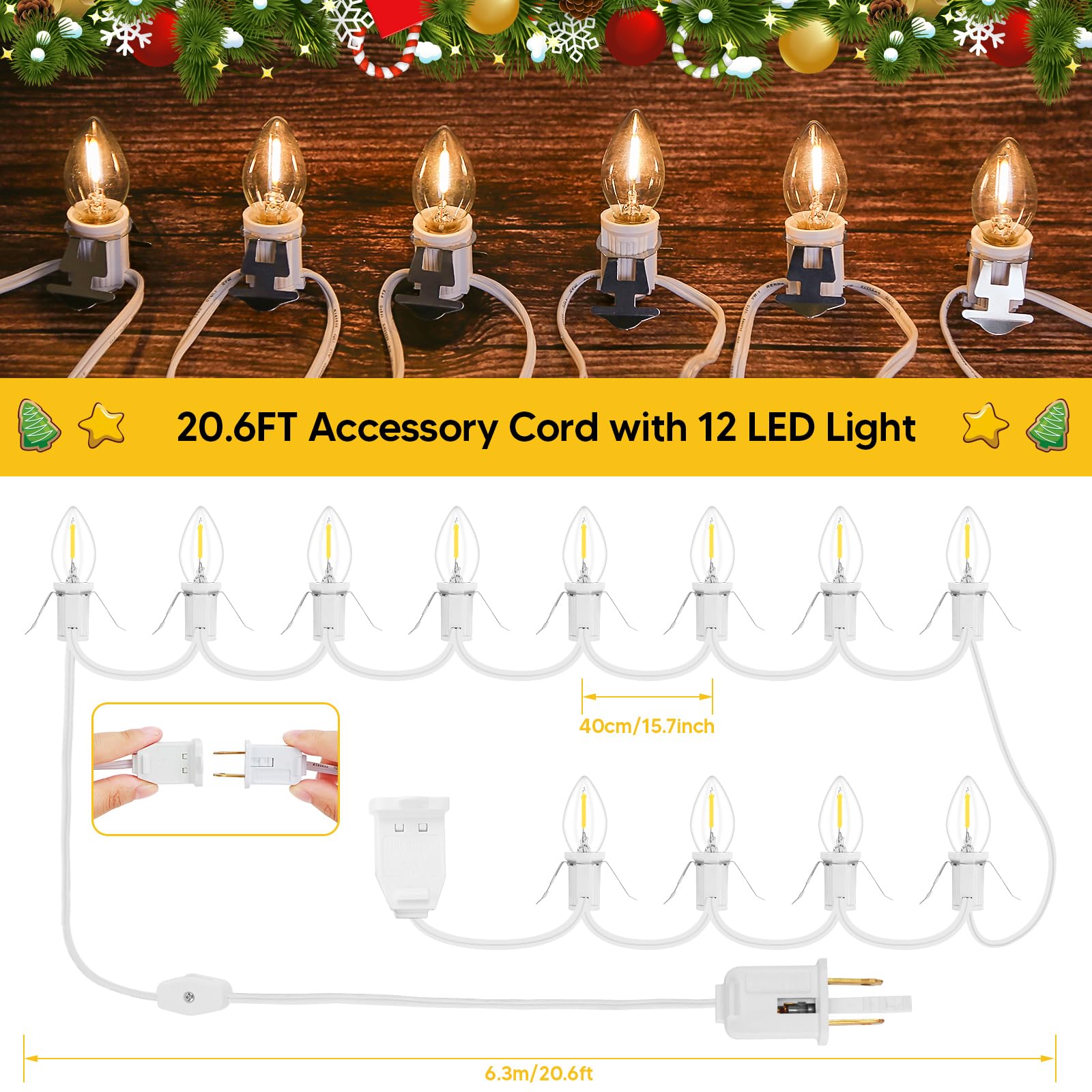 1Pack Accessory Cord With 12Led Light Bulbs And Outlet Christmas Village Light 20.6Ft White Cord Warm White C7 Lamp Christmas Village Accessories For Halloween Pumpkins Christmas Village Houses