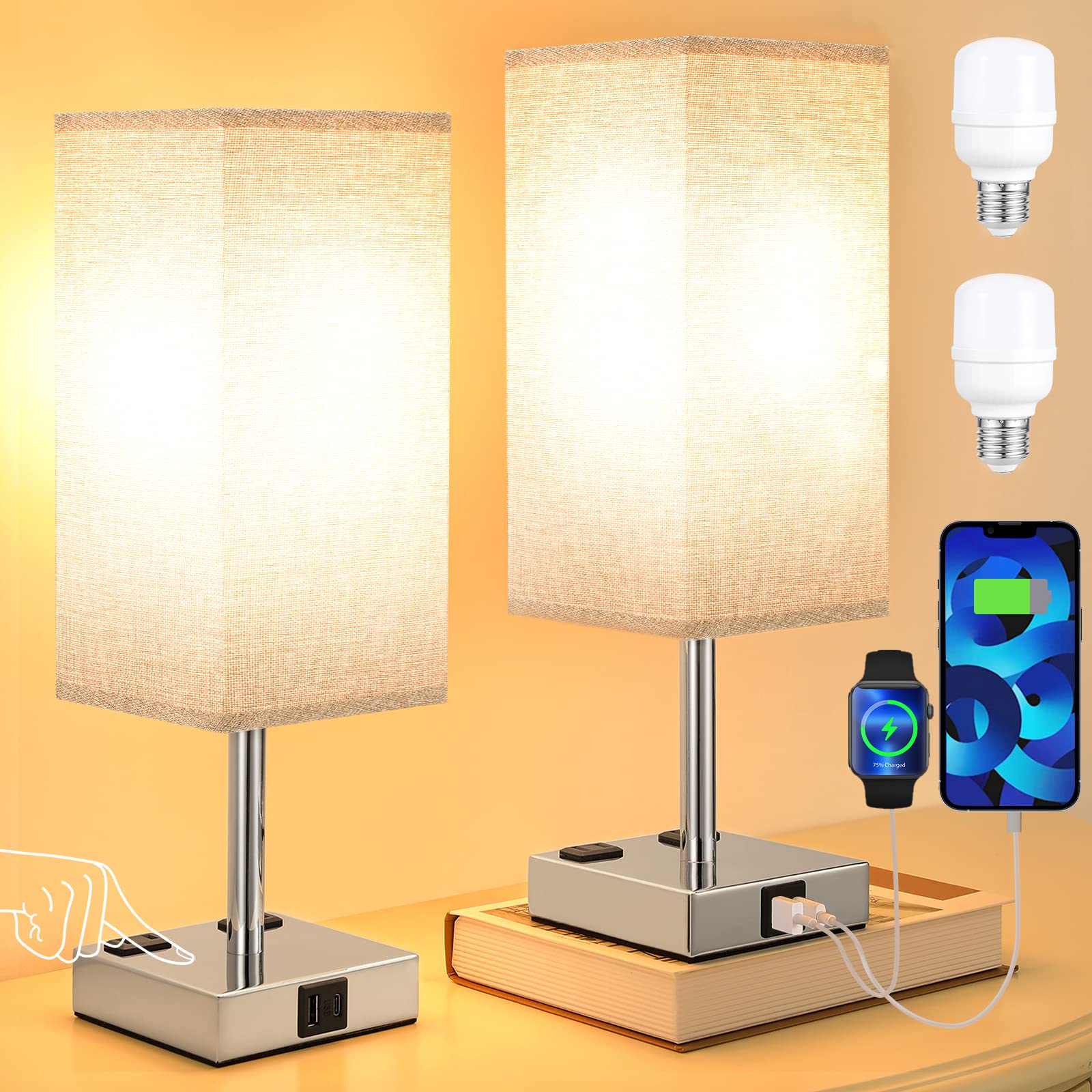 Aooshine Gray Set Of 2 Touch Lamp With Usb Port-Nightstand Lamp With Usb-C+A Charge Ports& Ac Outlets, 3-Way Dimmable Bedside La