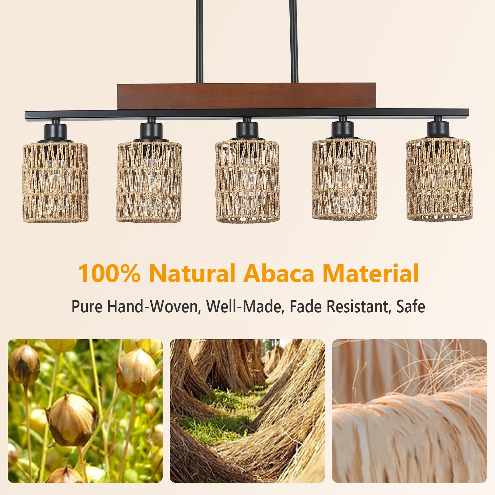 Bribyit Rattan Farmhouse 5-Light Linear Chandelier, Rustic Black Pendant Lighting for Dining Room and Kitchen