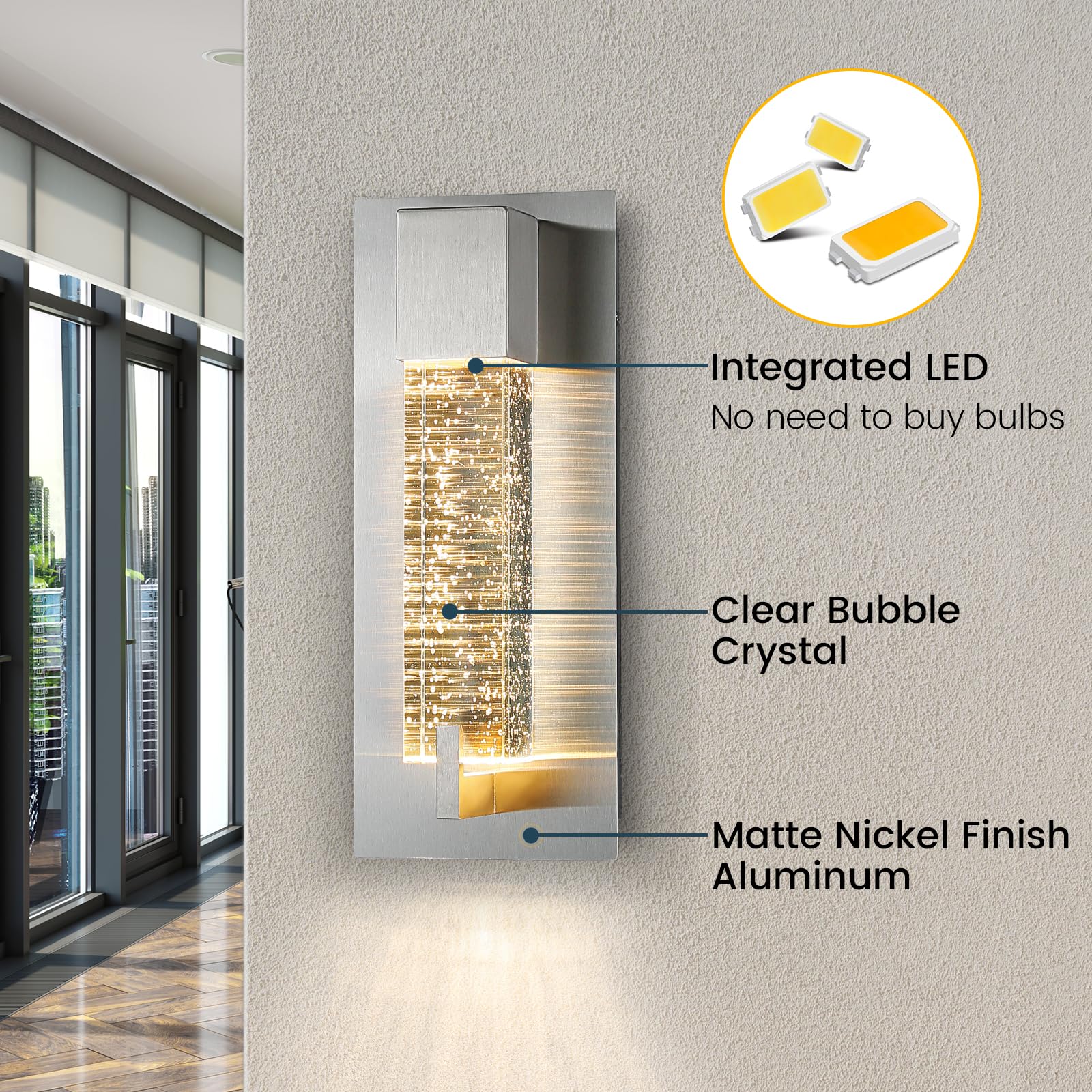 WOSHITU LED Wall Sconce Light, 11 Inch, Nickel, Dimmable, Crystal Wall Lamp, Model 8012WL-05SN for Bathroom, Living Room, Bedroom, Hallway