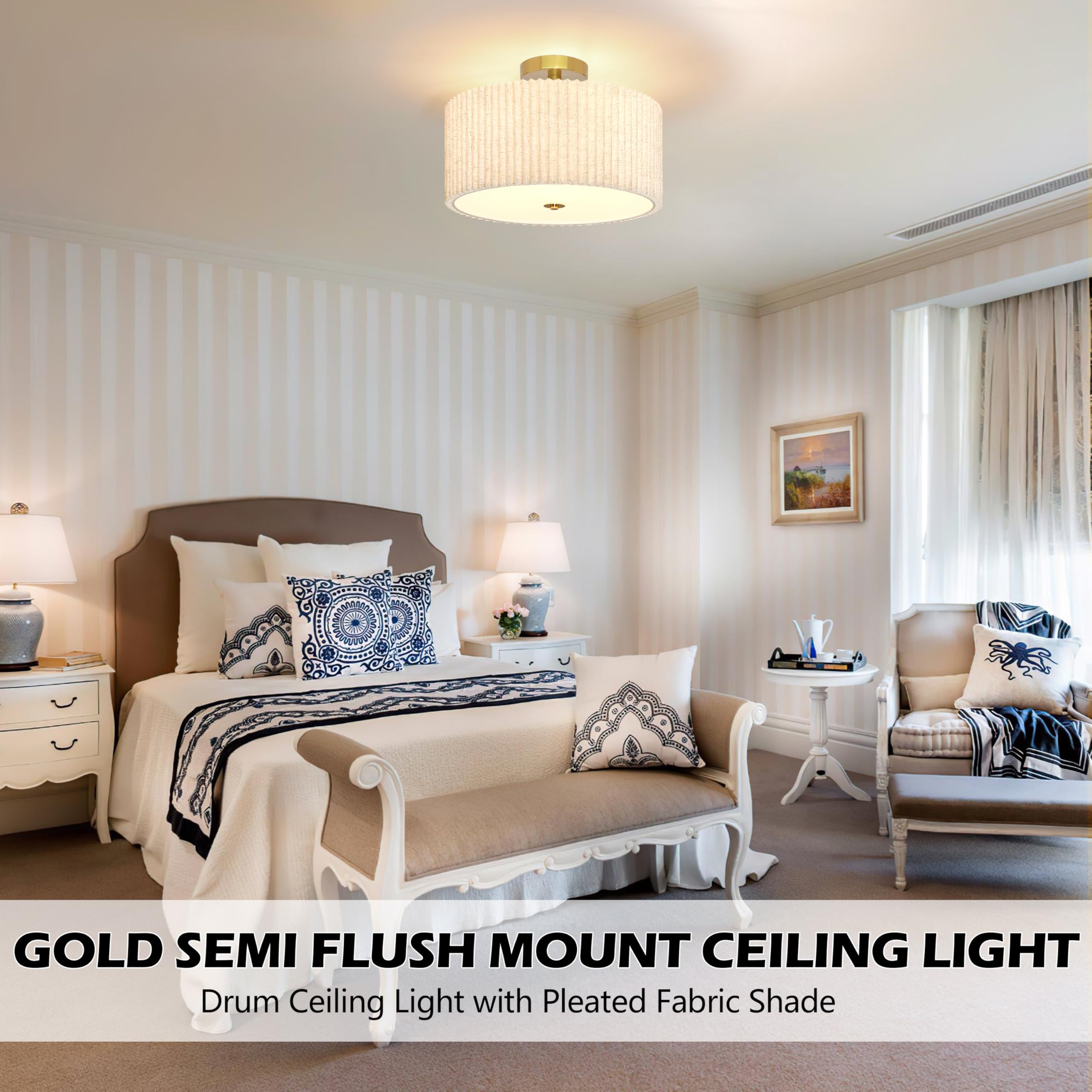 3 Light Semi Flush Mount Ceiling Light Fixture Drum Ceiling Light With Pleated Fabric Shade Gold Semi Flush Mount Ceiling Light