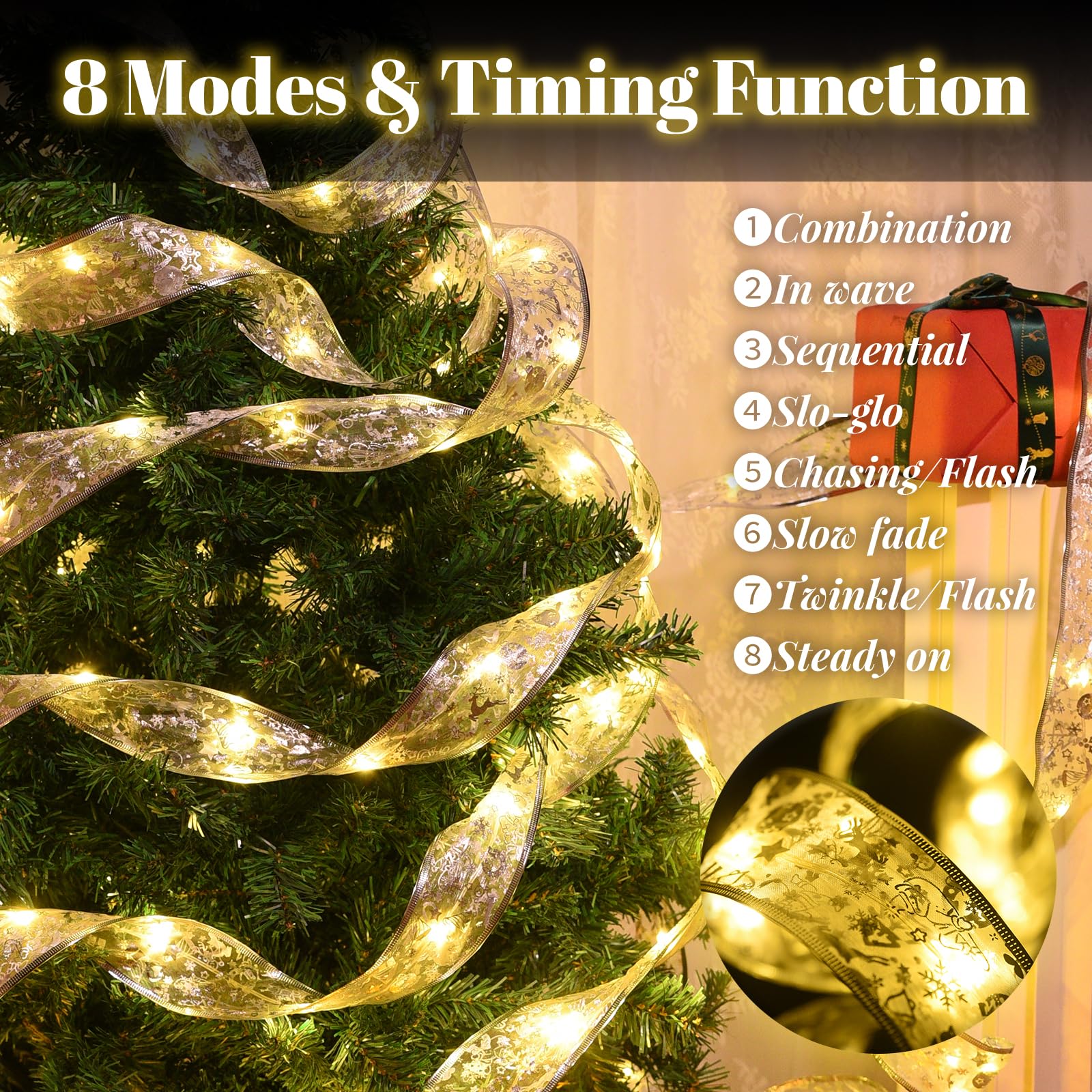 Dailyart Christmas Tree Ribbon Lights, 200 LED, 78Ft, Warm White, USB & Battery Operated, Remote Timer, 8 Lighting Modes
