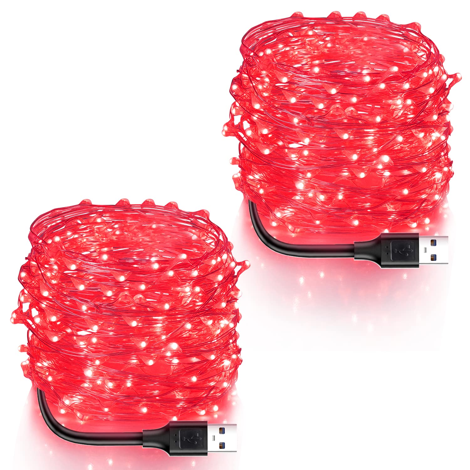 Blingstar Usb Powered 33Ft Red Fairy Lights - 100 Led Silver Wire String Lights For Halloween & Christmas Decoration, 2 Pack