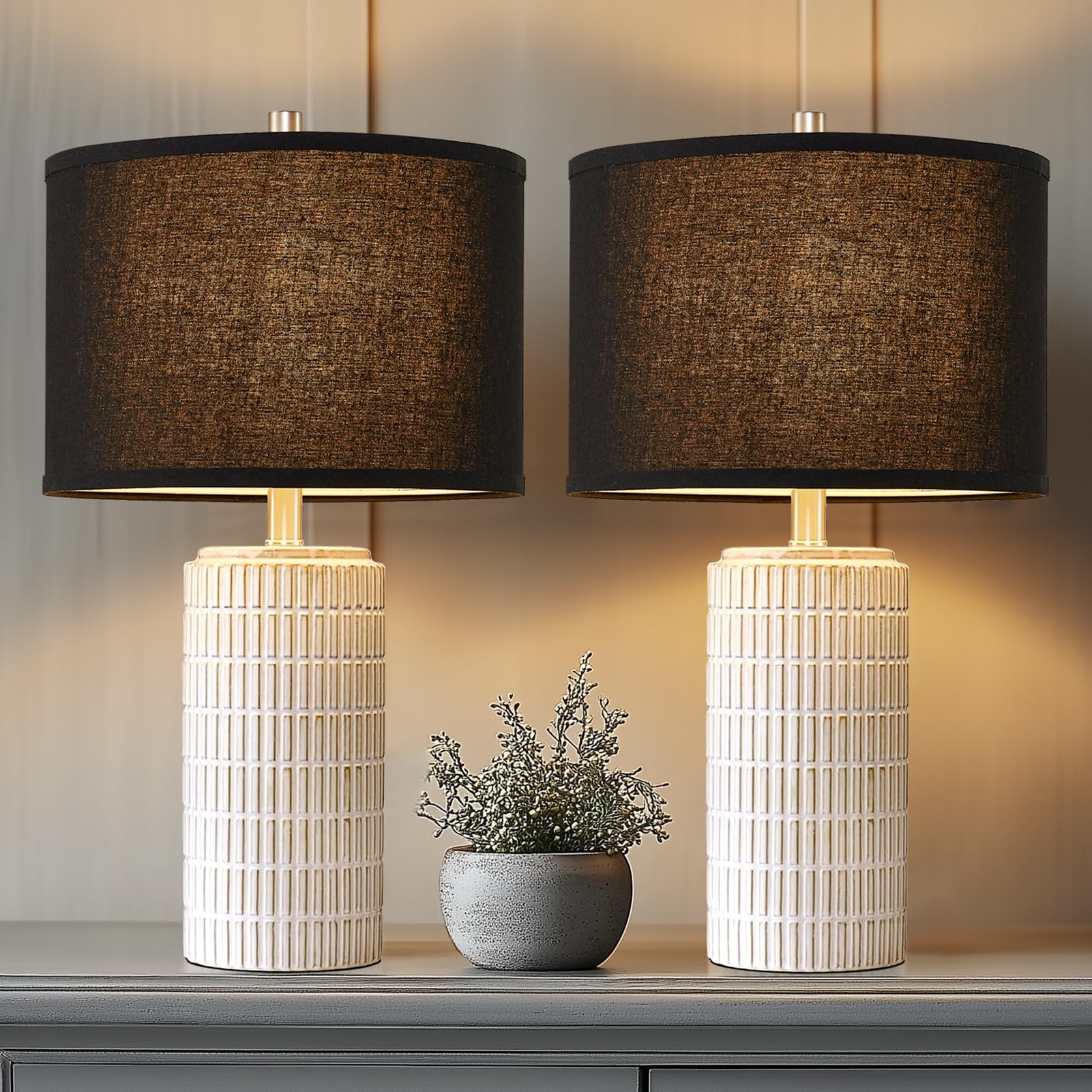 Aieampdo 23'' Set Of 2 Modern Ceramic Table Lamps, Minimalist Bedside Lamp, Rustic Nightstand End Table Lamp For Bedroom, Living