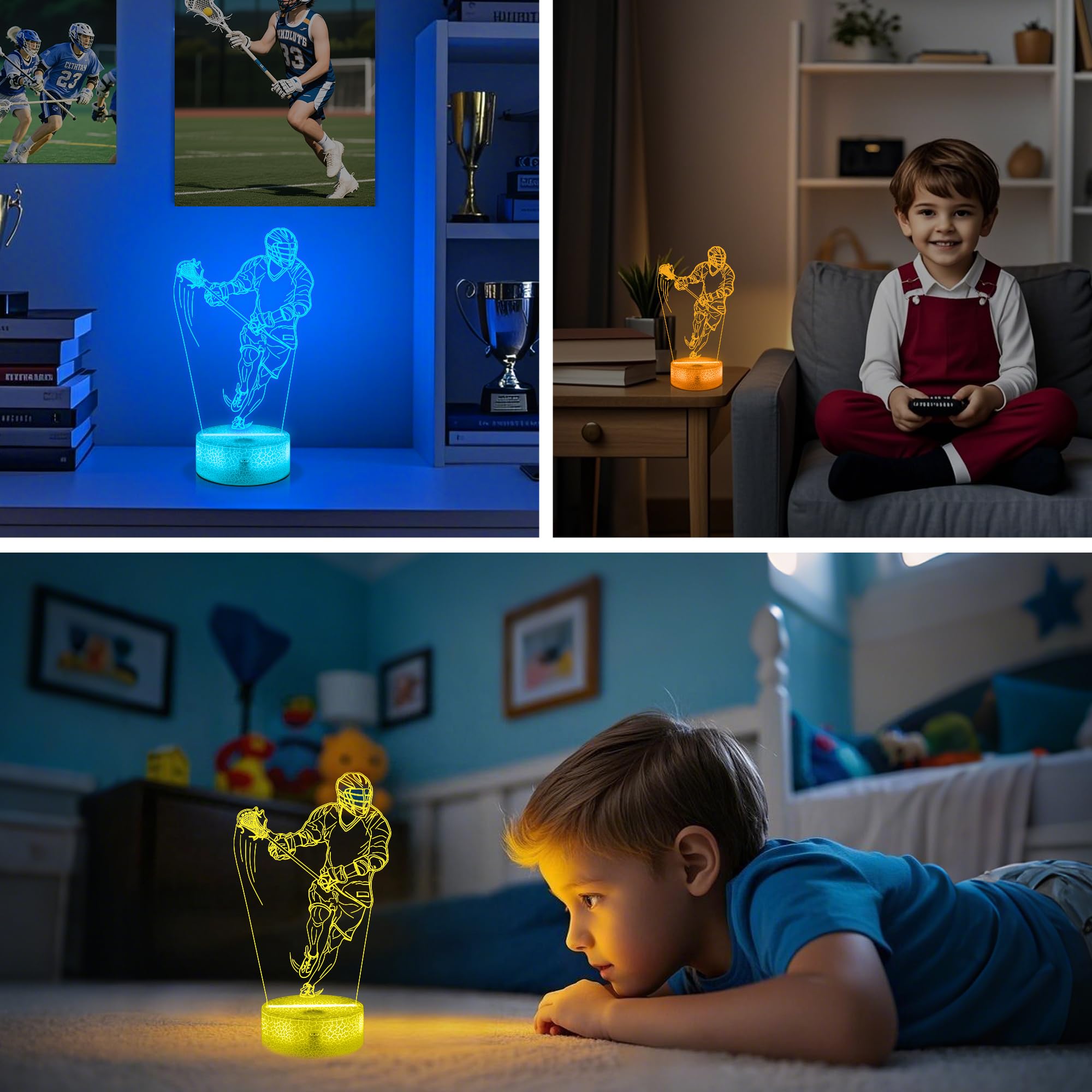 OkiyiD Lacrosse Gifts for Boys Men,Lacrosse Night Light 3D Illusion Lamp with 16 Colors Remote Control,Lacrosse Accessories Stuf