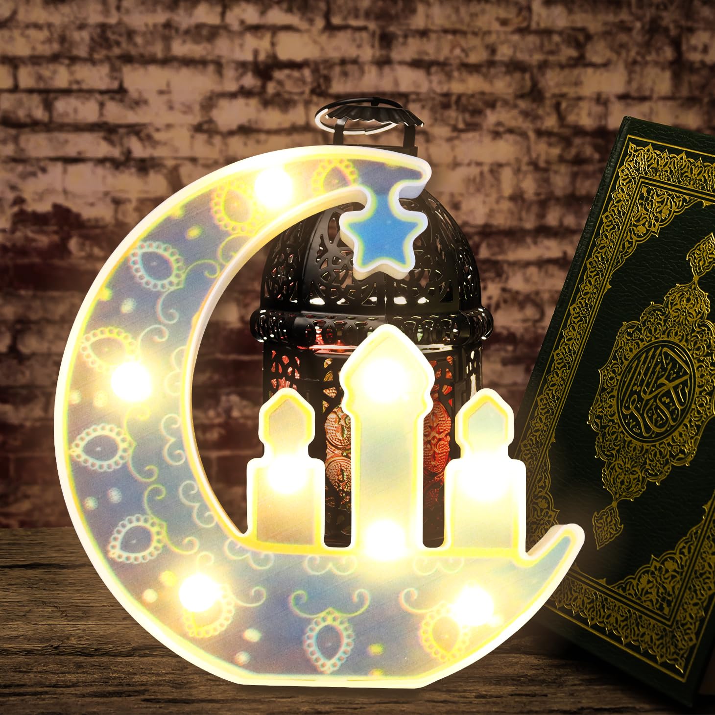 Yaozhou Ramadan Eid Decorations For Home Lights, Warm White Lamp, Moon, Castle Window Desk Led Lights, Mosque Eid Mubarak Battery Operated Hanging Lights, Decor For Eid Al- Fitr,Gift For Kids(C)
