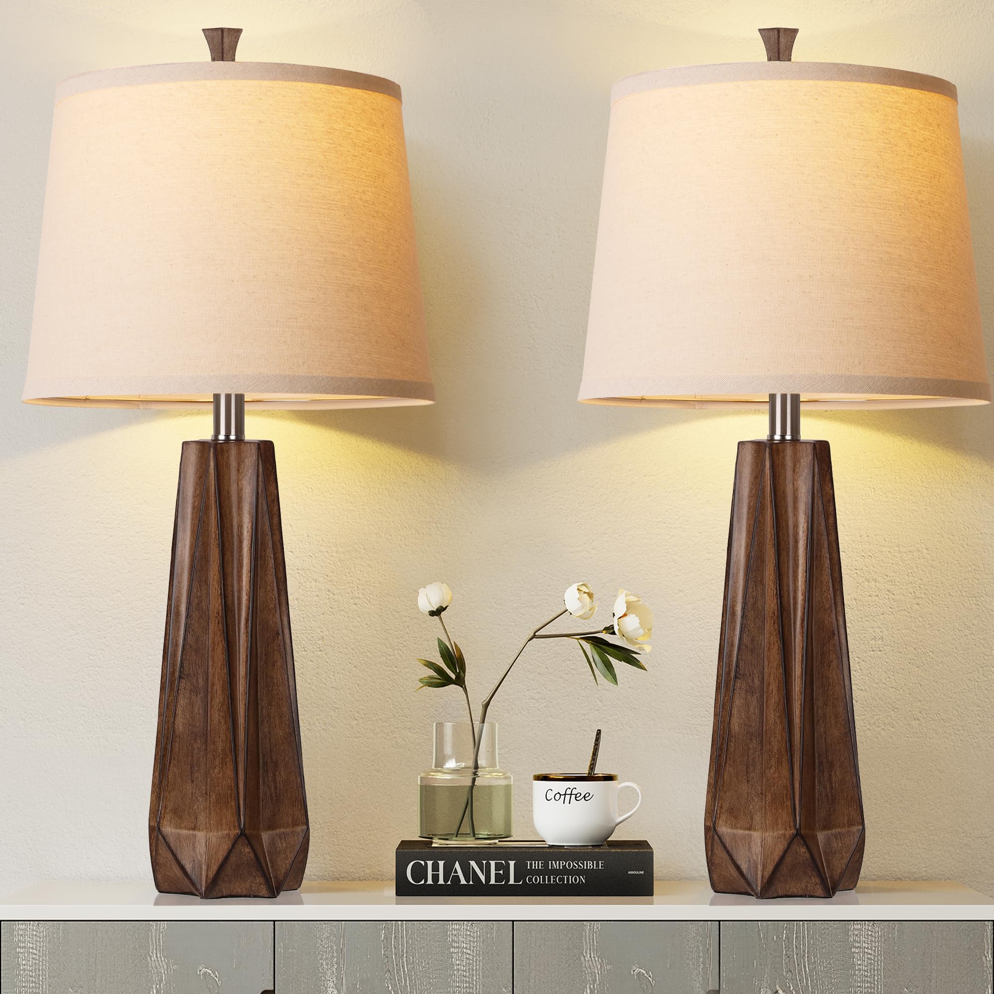 WIHTU 3 Color Temperature Table Lamps Set of 2, Beside Lamp with Linen Shade, 27'' Wood Grain Color Modern Table Lamp for Living