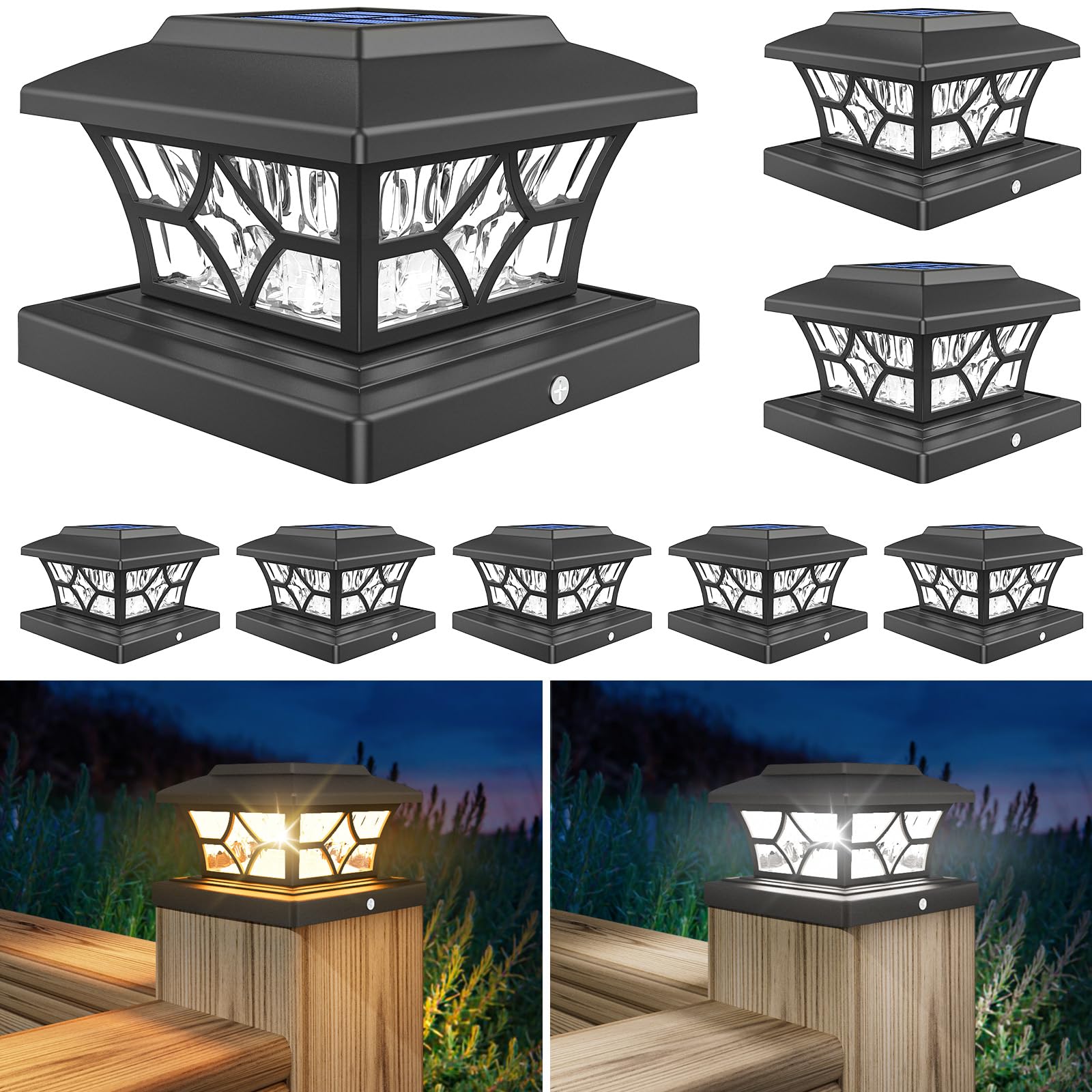 VOLISUN Solar Post Cap Lights, 4x4 Outdoor Fence Post, Black, 8 Pack, Waterproof, Cool/Warm White, Model ZM-M001B-8PK