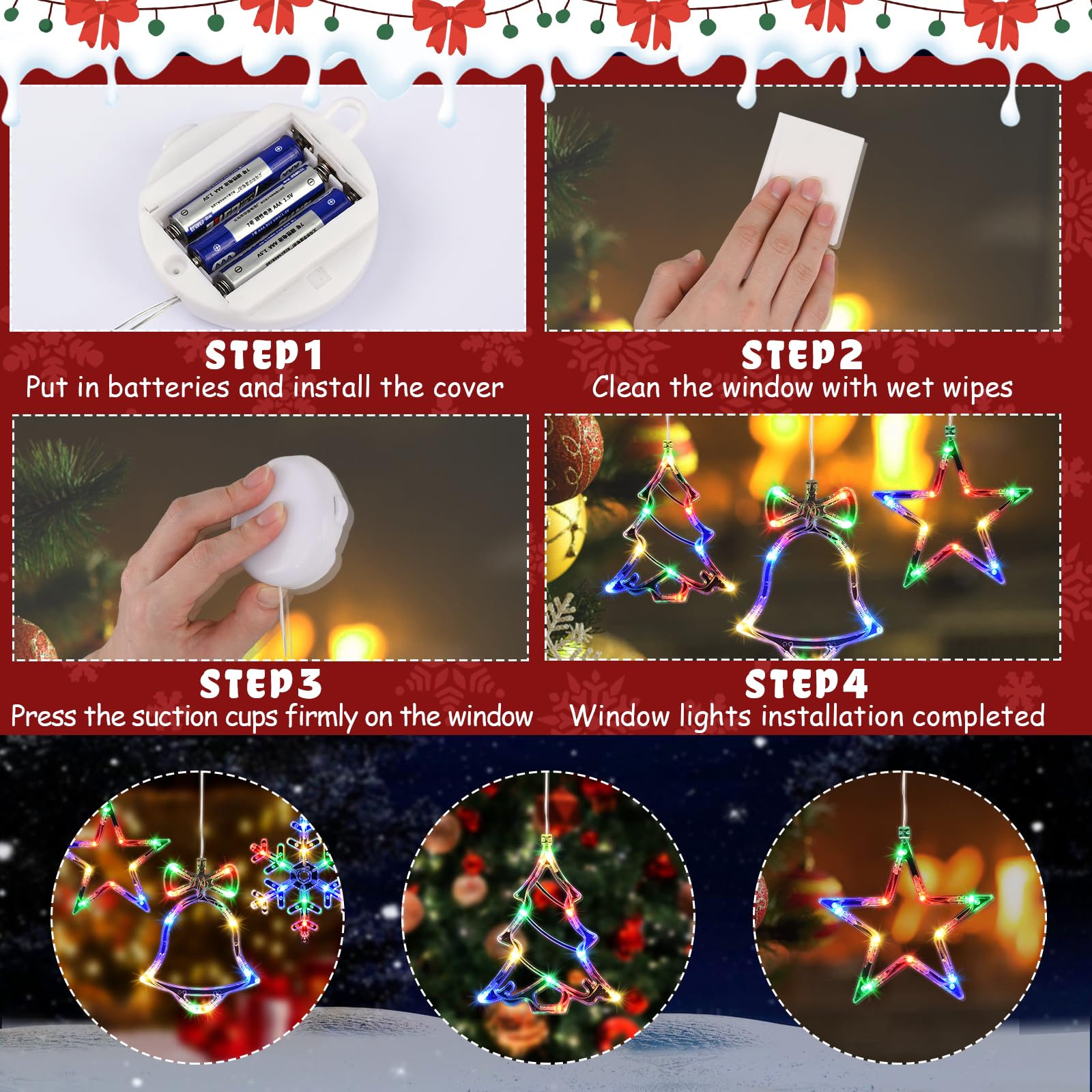 Waipfaru 4 PCS Christmas Window Lights with Timer, Multicolor Jingle Bell & Snowflake Decor, Model ISL001-D