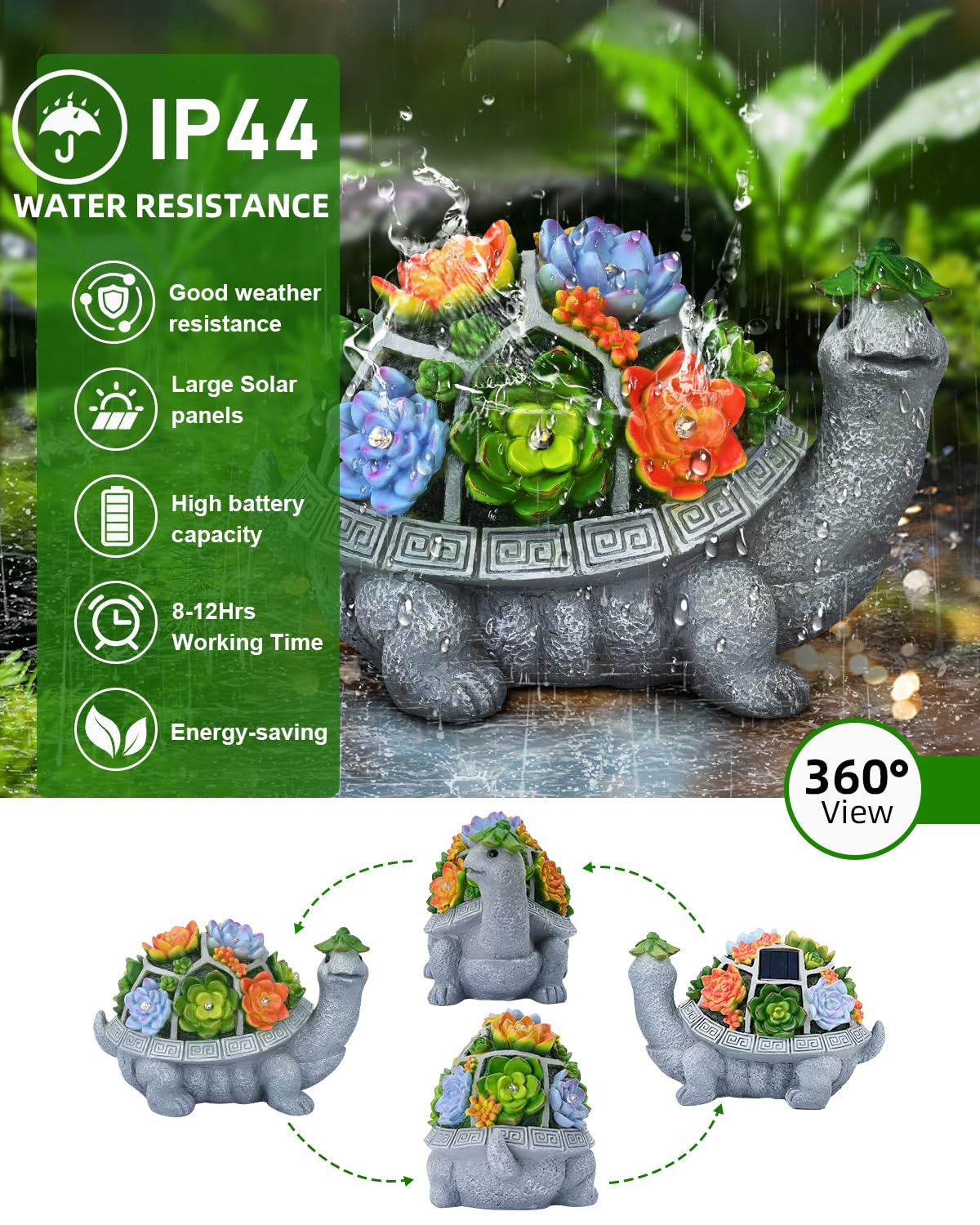 VMANYFIRE Solar Turtle Statues - 11.1 Inch Gray Resin Garden Decor Lights for Outdoor Yard, Lawn, Patio & Porch