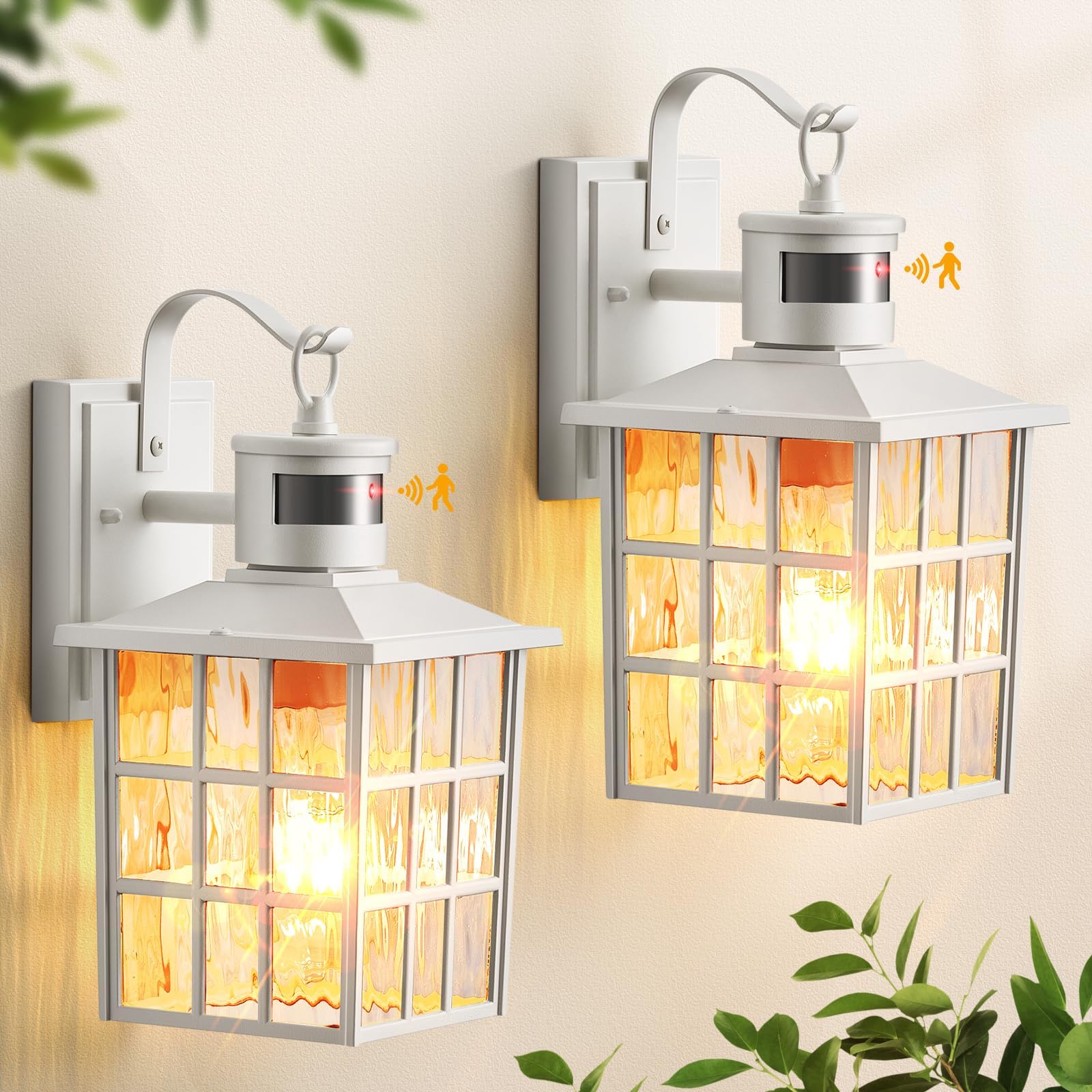 VIANIS White Motion Sensor Wall Lantern, 2-Pack Outdoor Light Fixture, Aluminum, Dusk to Dawn, Model V81032WH