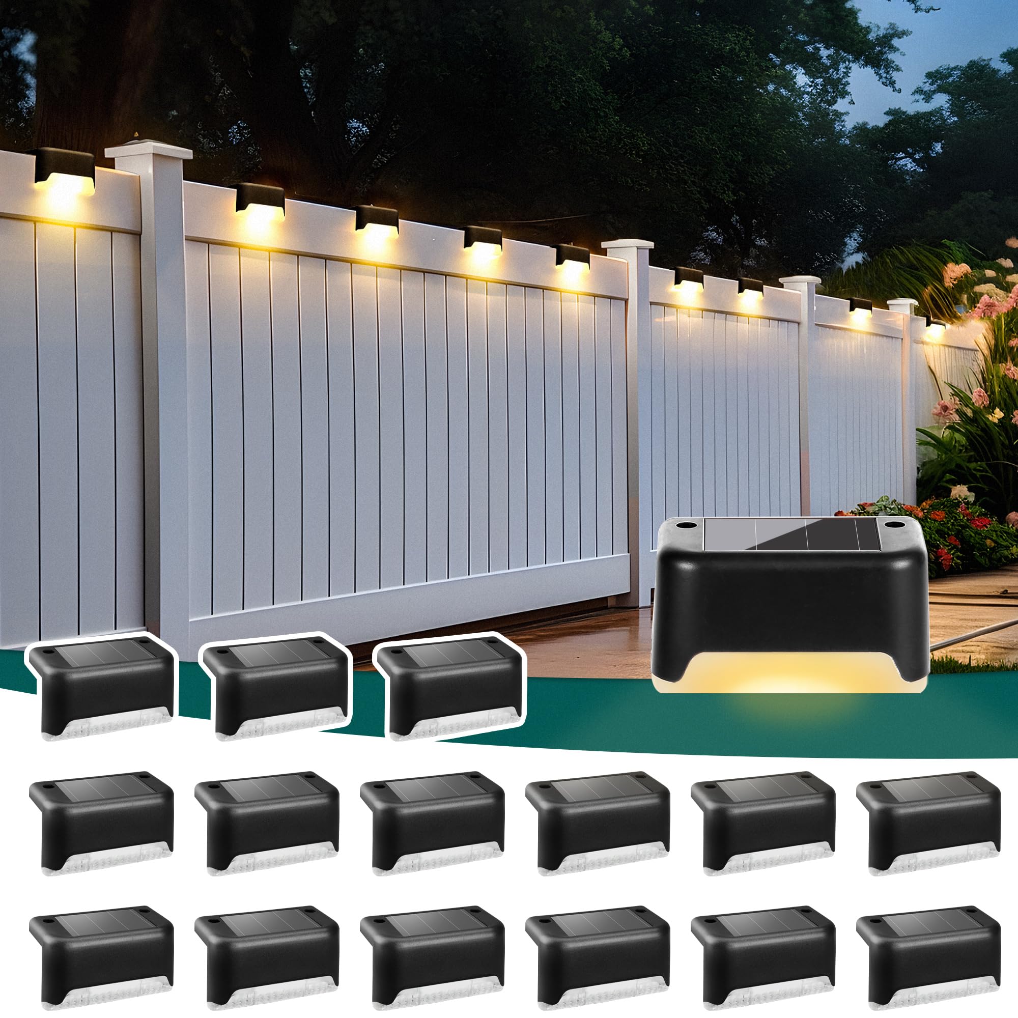 SOLPEX Solar Deck Lights 16 Pack, Outdoor Step Lights Waterproof Led for Stairs, Fence, Yard, Patio, Pathway (Warm White)