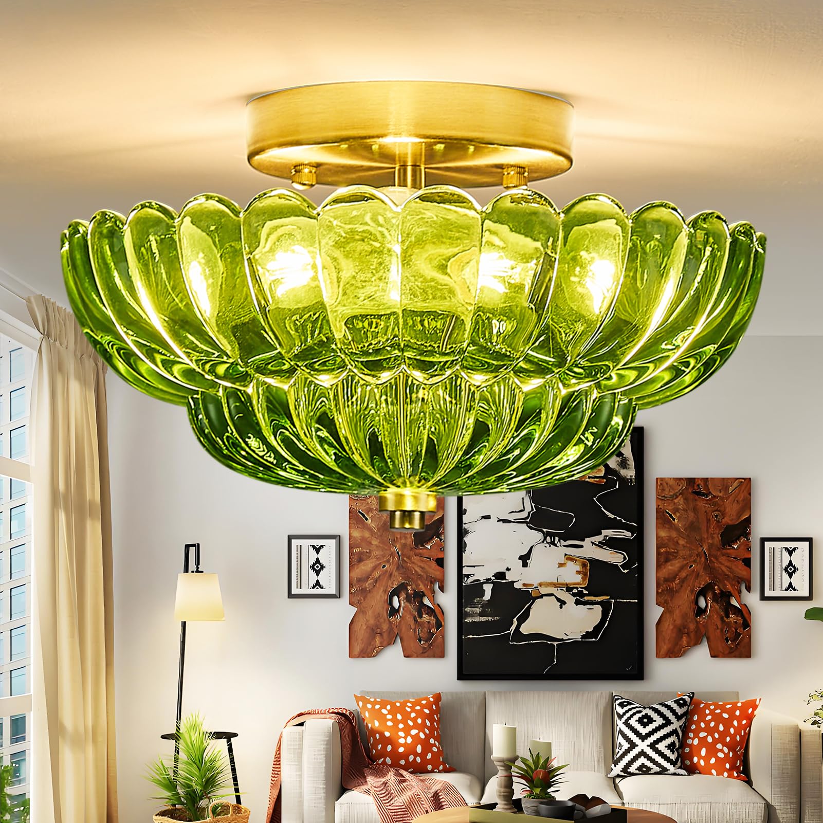 FHKLZCI Modern Mid Century Gold Semi Flush Mount Ceiling Light Fixture 3 Lights Green Glass Close to Ceiling Lighting Fixtures for Bedroom Hallway Kitchen Foyer Bathroom Closet Laundry Room 11.8 inch