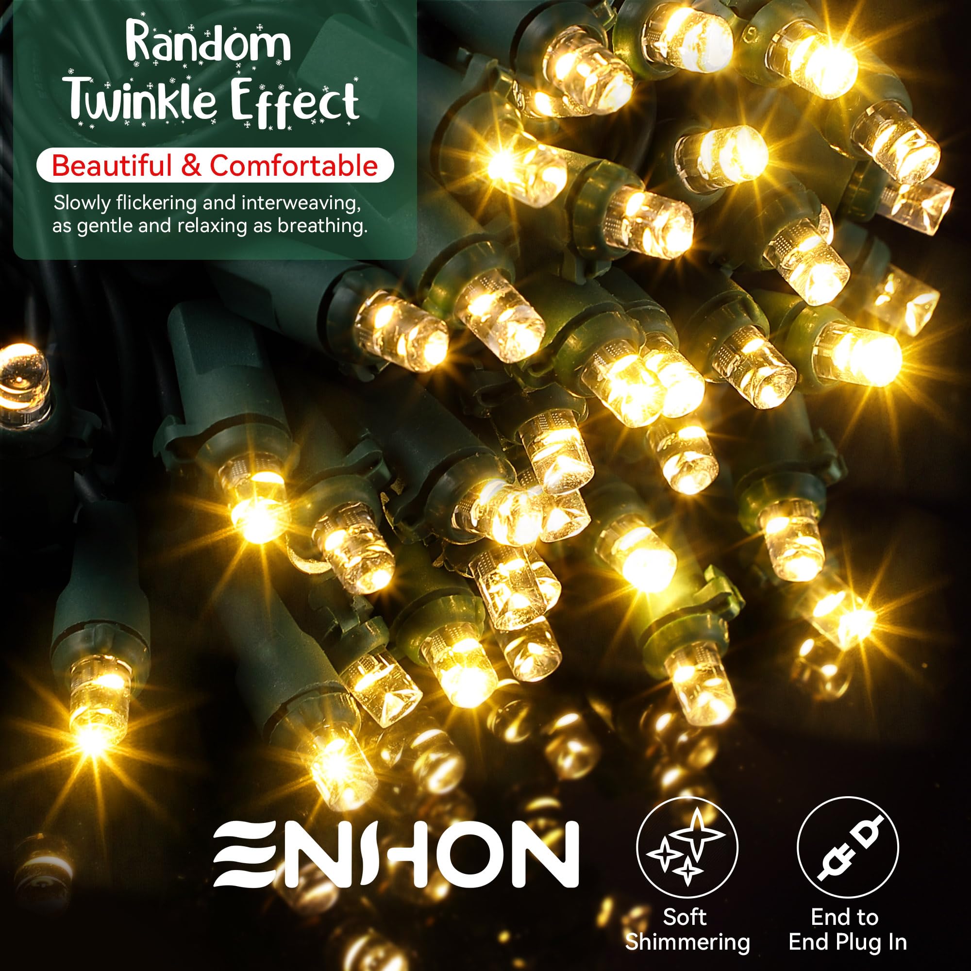 Enhon Slow Twinkling Christmas Lights, 100 Lights 35 Ft Twinkle Lights Pulsing Christmas Lights, 5Mm Led Wide Angle Soft Random Shimmering Light Set With Green Wire(Warm White,1 Pack)