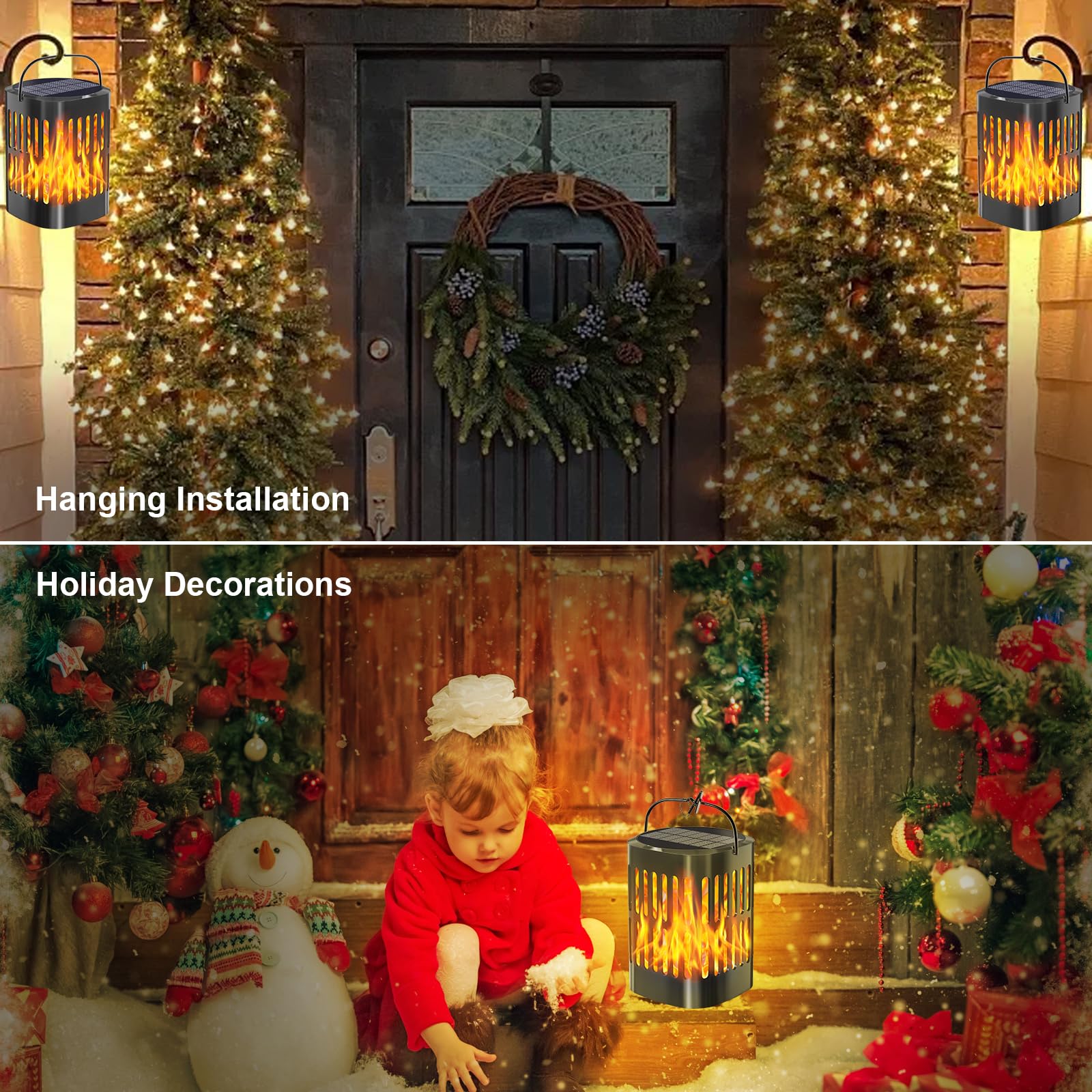 Bebrant Solar Hanging Lanterns - Flickering Flames, Waterproof Outdoor Lights, 4 Pack, Black